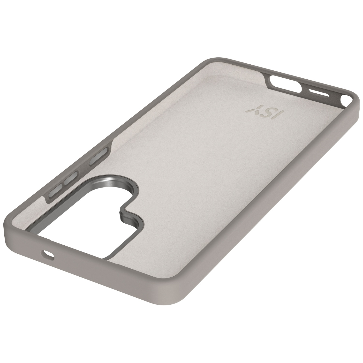 Coque de téléphone grise avec découpes pour appareil photo et boutons.