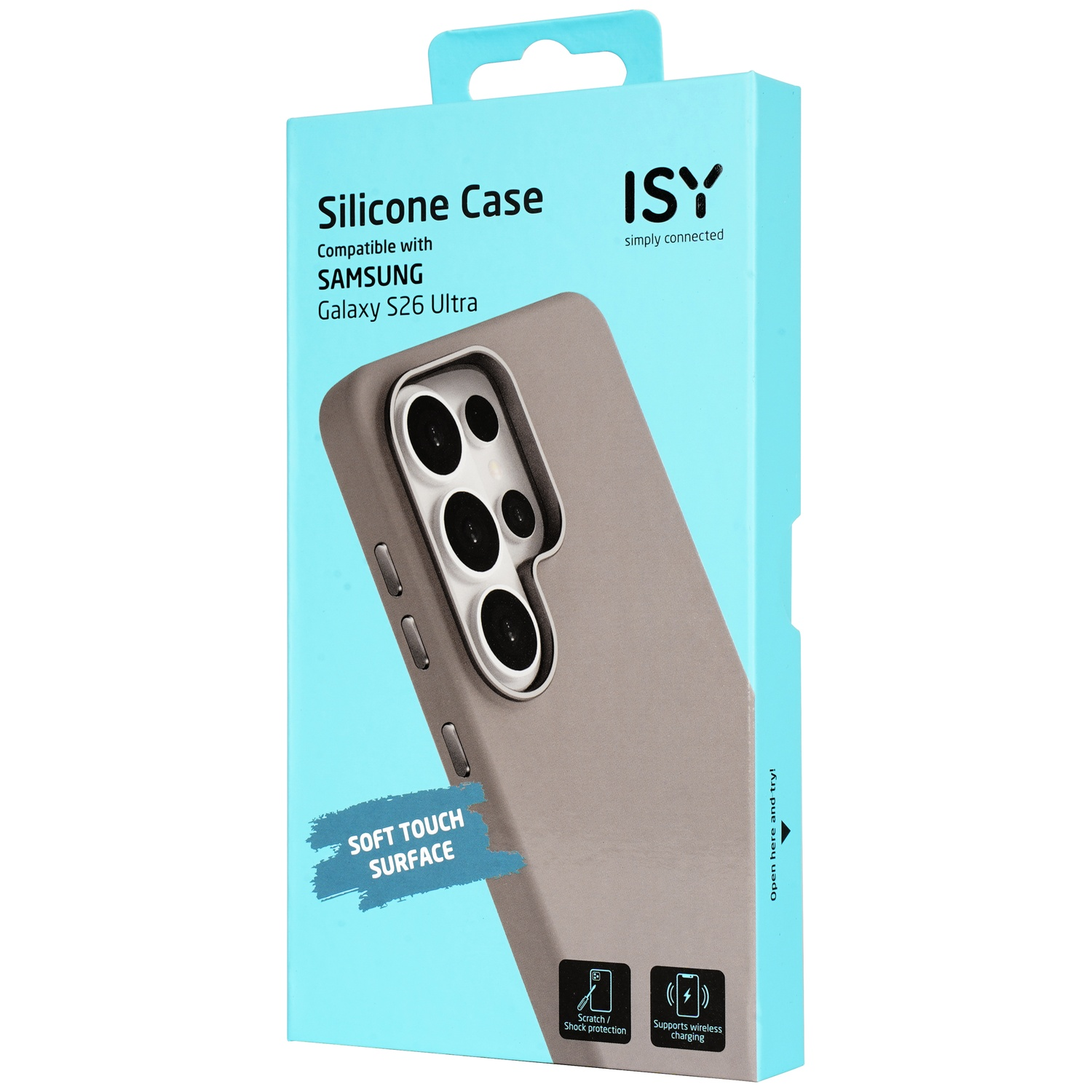 Coque en silicone grise pour Samsung Galaxy S26 Ultra sur emballage bleu clair.
