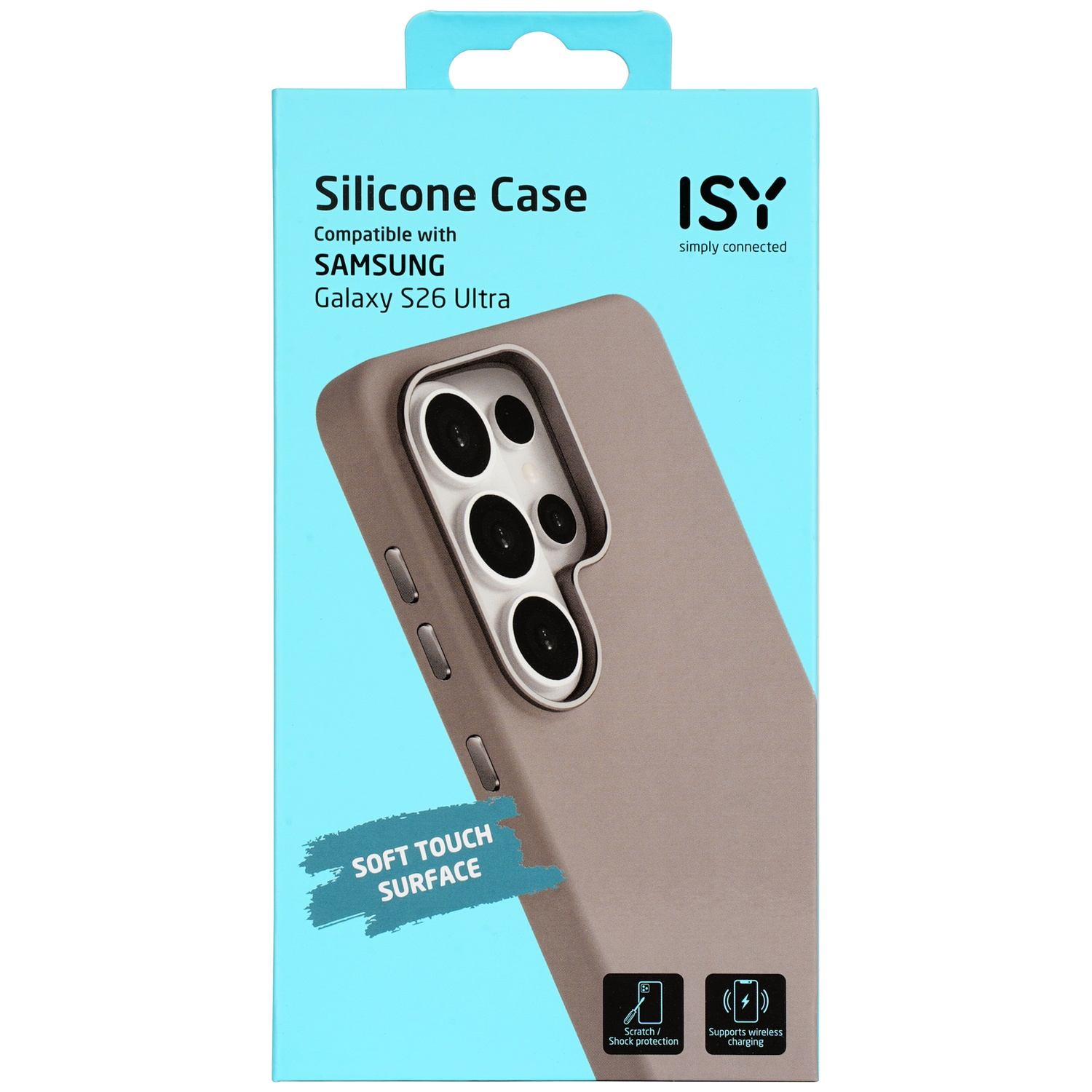 Coque en silicone grise pour Samsung S26 Ultra avec logo ISY. Surface douce.