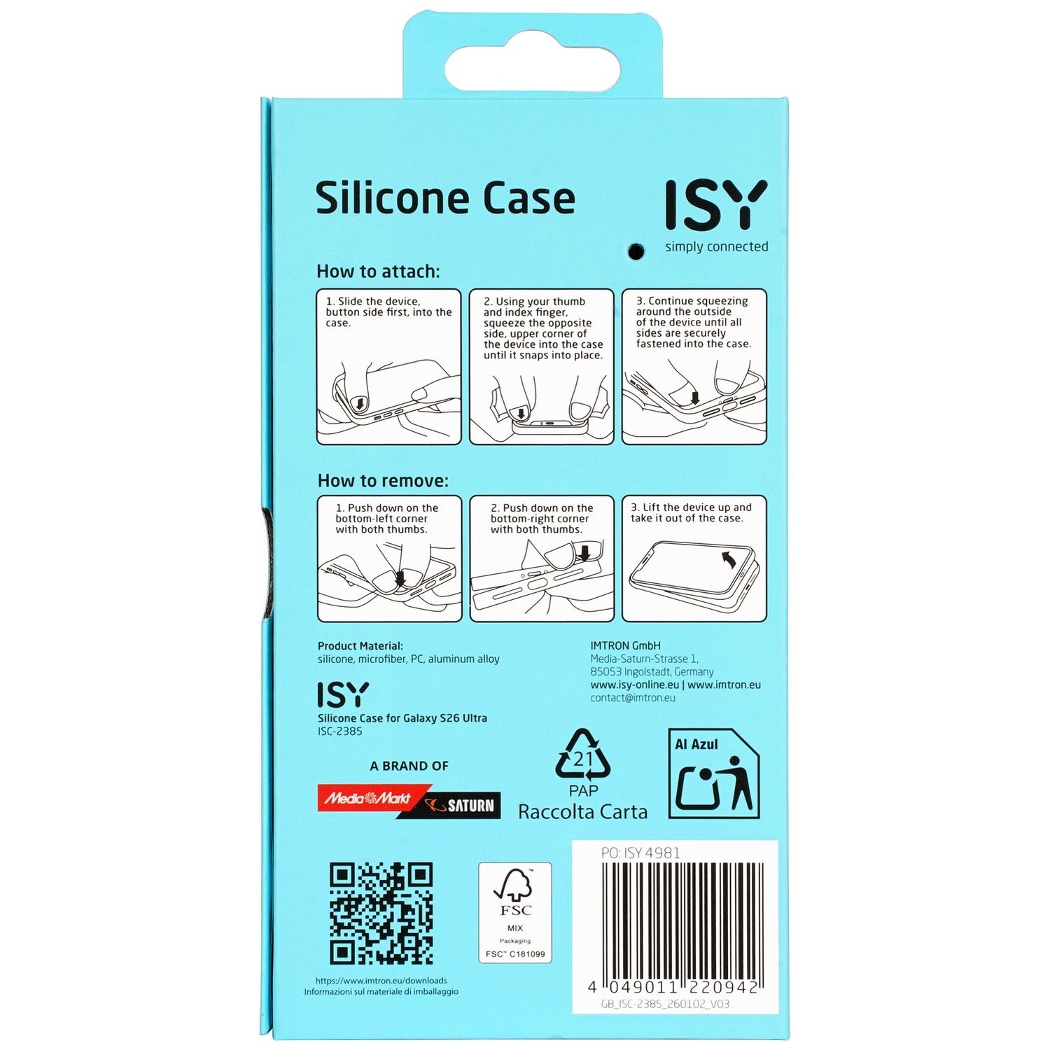 Emballage pour coque silicone ISY Galaxy S26 Ultra avec instructions.