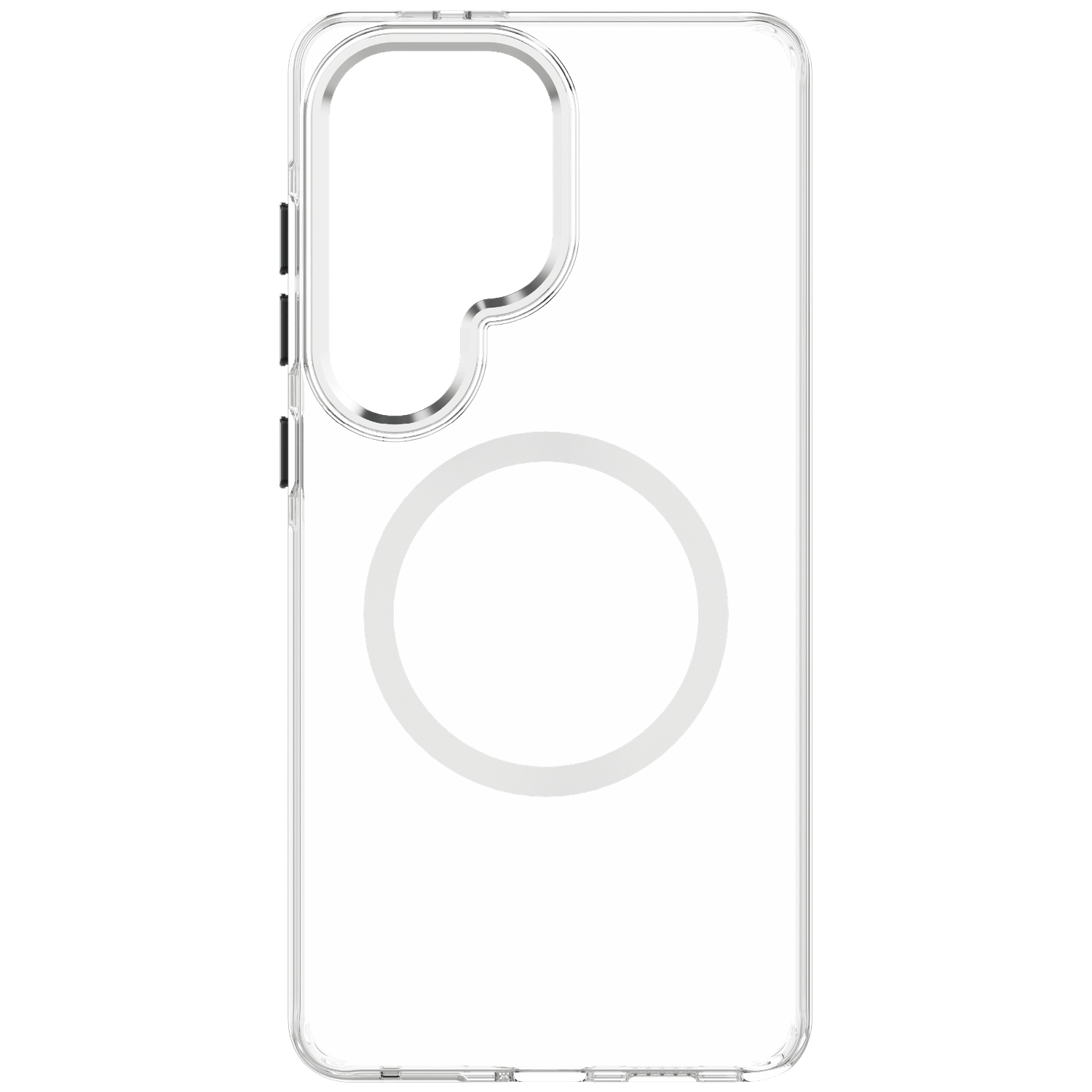 Een doorzichtige telefoonhoes met een ronde camera-uitsparing en magneetring.