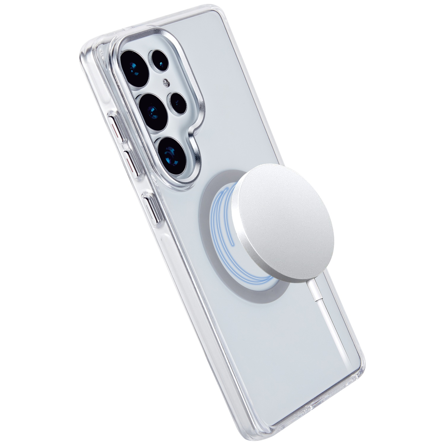 Doorzichtige telefoonhoes met vier camera's en een witte oplaadkabel eraan.