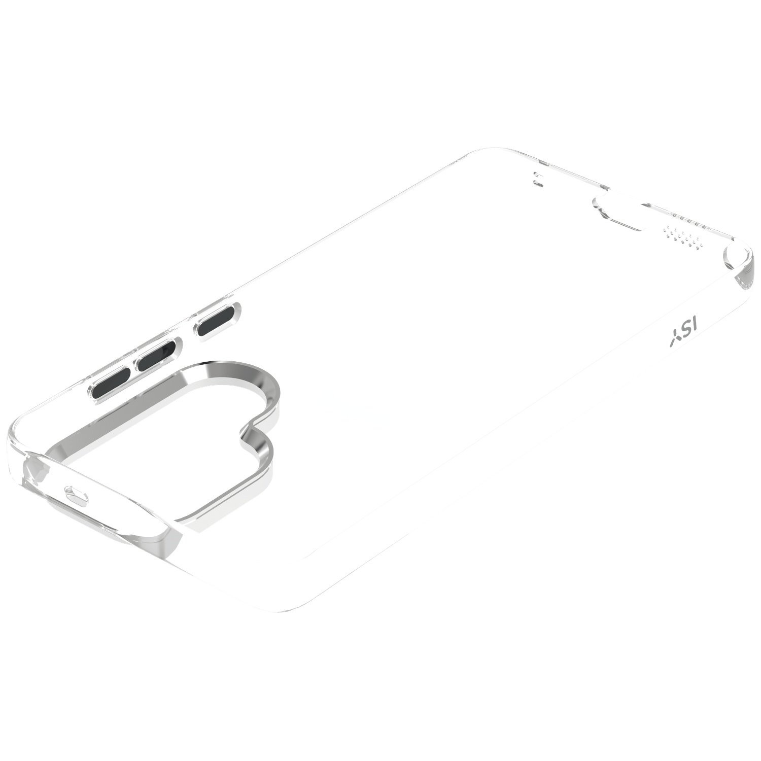 Een doorzichtige telefoonhoes met uitsparingen voor knoppen en camera.