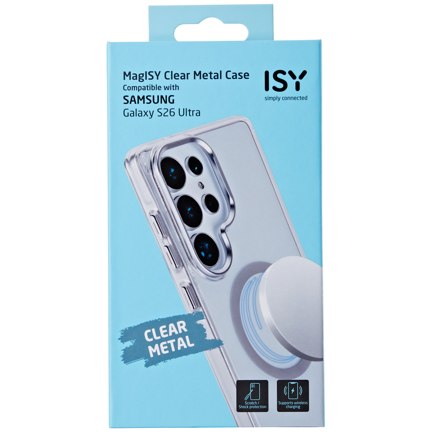 Verpakking voor een ISY MagISY clear metal case voor Samsung Galaxy S26 Ultra.