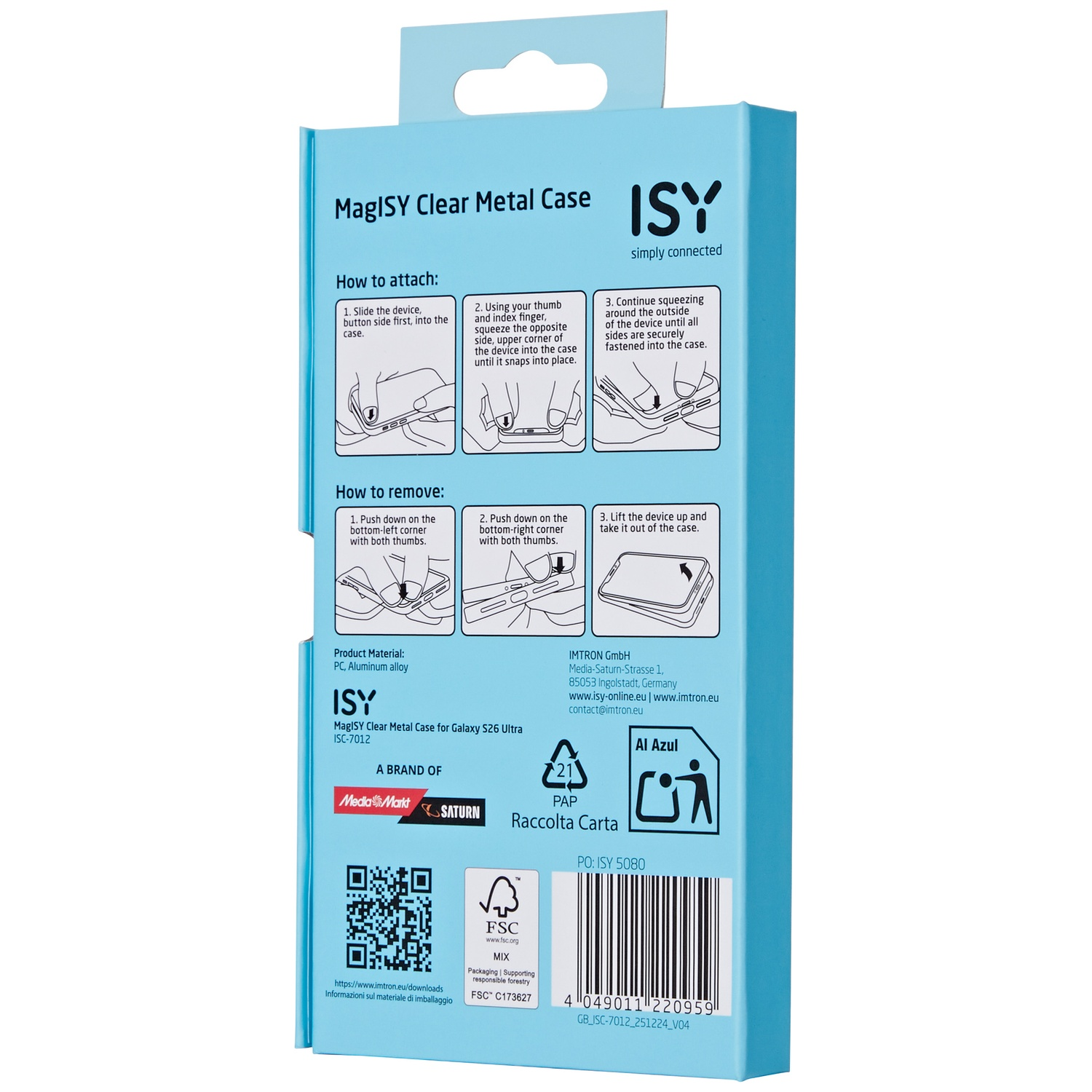 Verpakking voor een ISY MagISY Clear Metal Case met instructies.