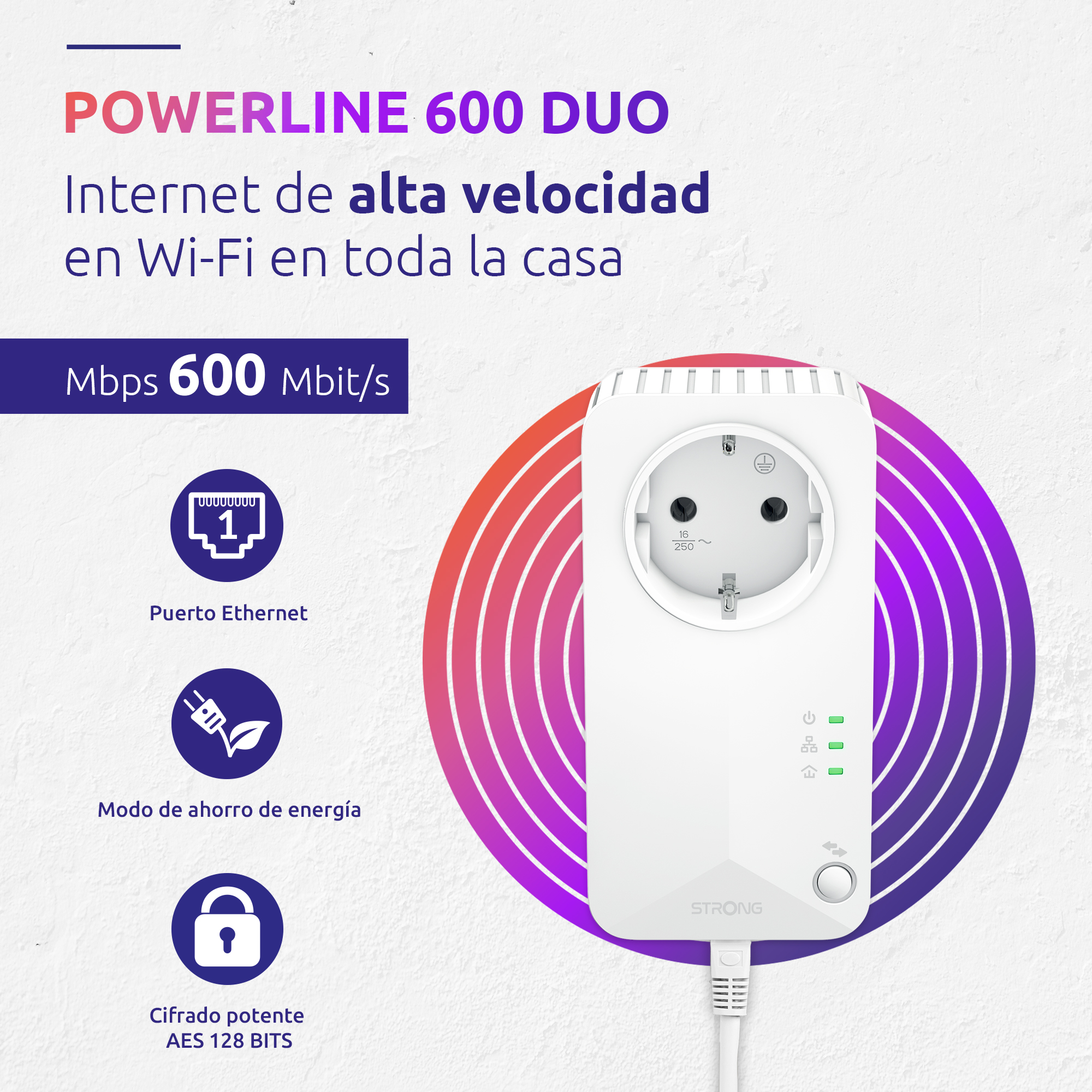 Powerline 600 Duo. Internet de alta velocidad en WiFi en toda la casa. Mbps 600 Mbit/s. Puerto Ethernet, modo de ahorro de energía, cifrado potente AES128BITS