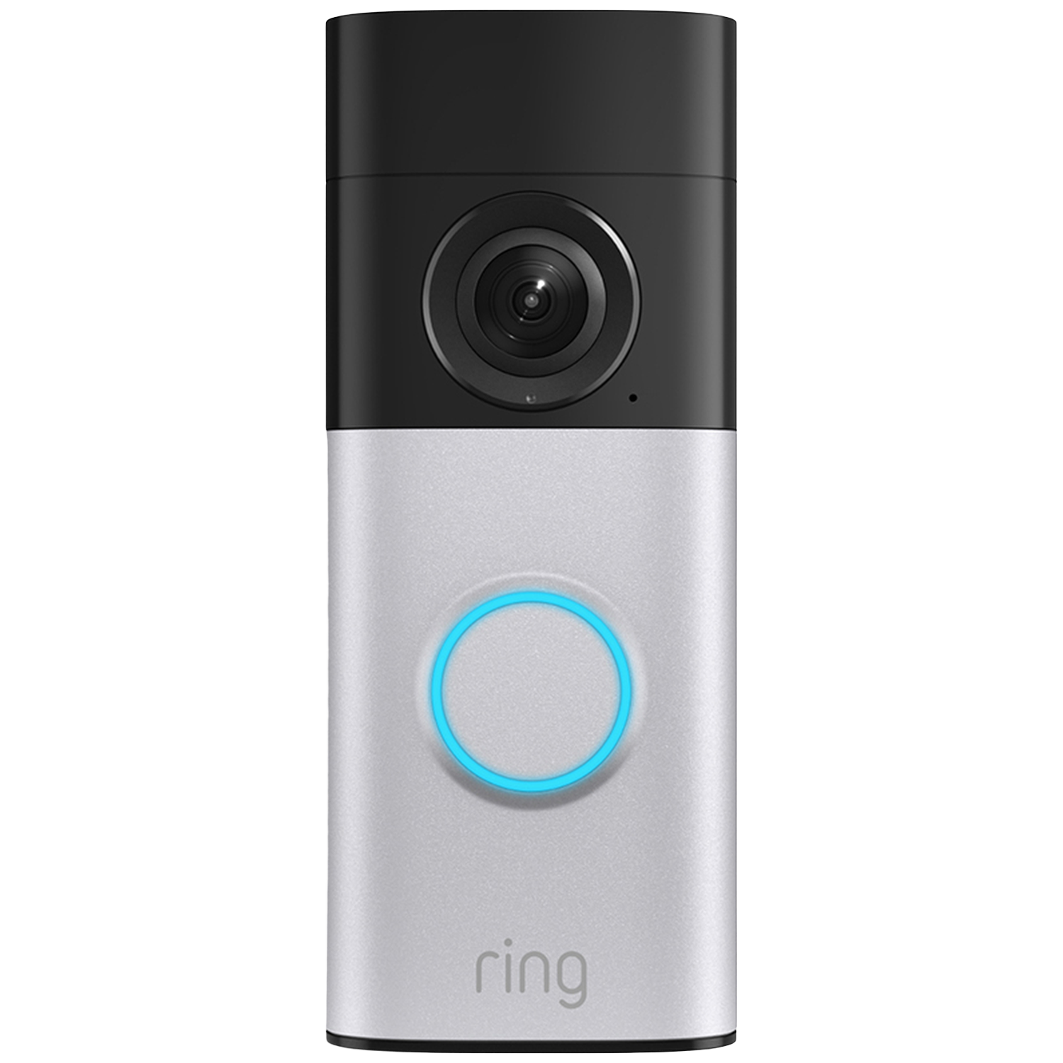 Une sonnette Ring argentée avec un haut noir et un bouton anneau bleu lumineux.