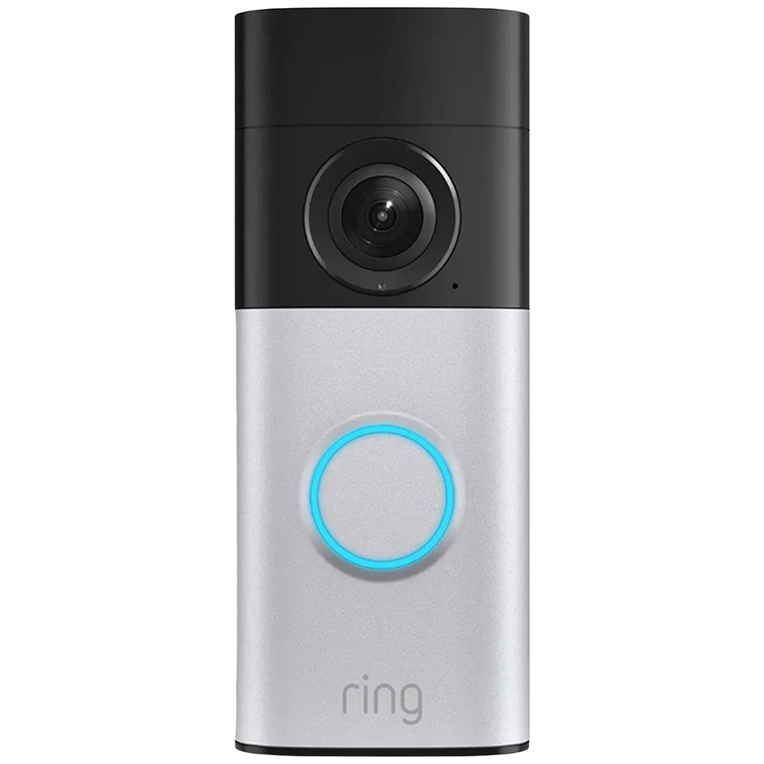 Une sonnette Ring argentée et noire avec caméra et bouton éclairé en bleu.
