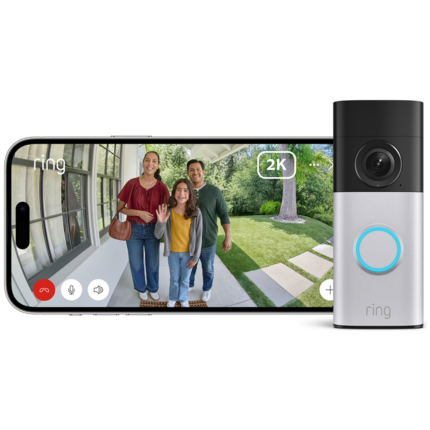 Un smartphone affiche une famille et une sonnette vidéo 2K.