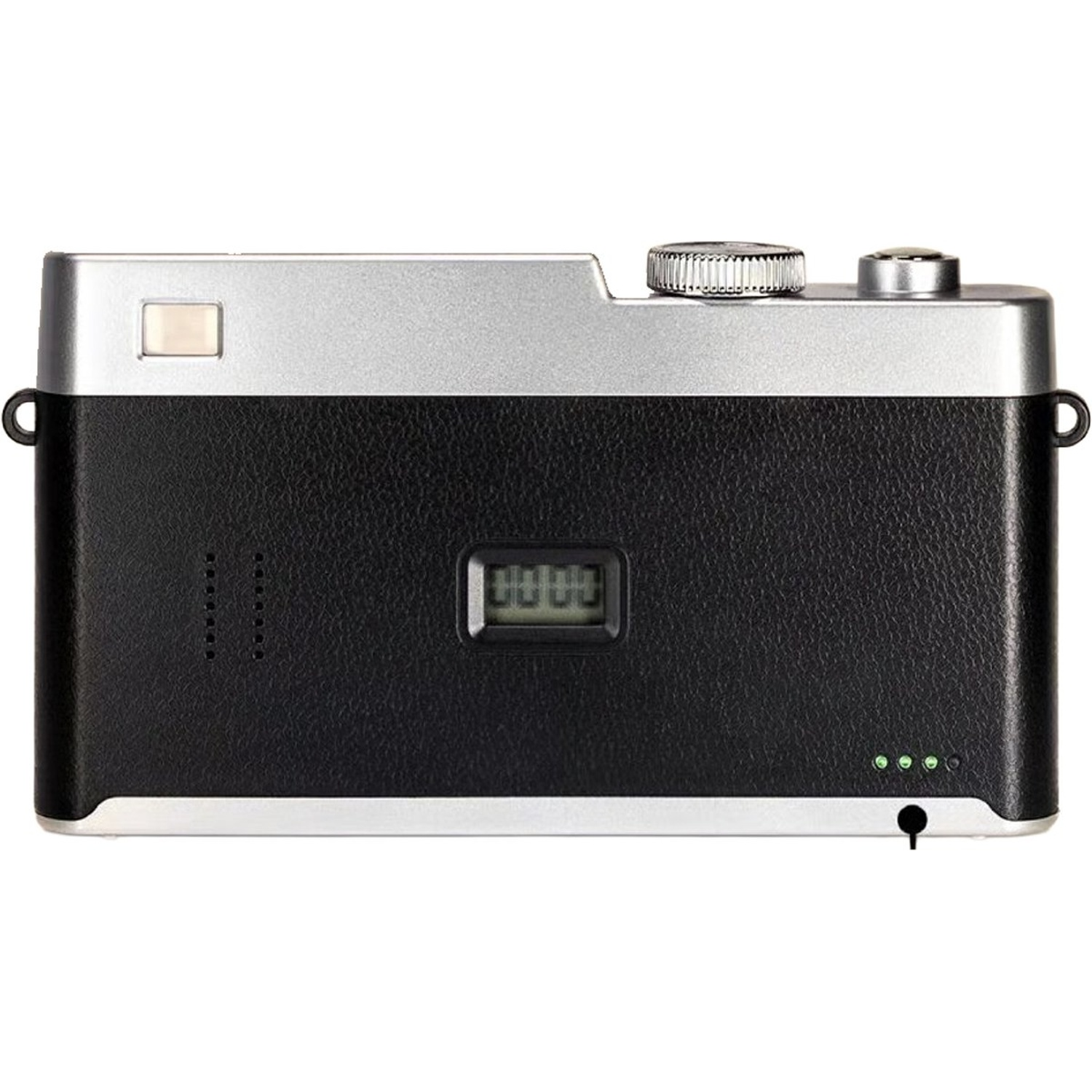 Back view of a black and silver camera with a small display and buttons.
