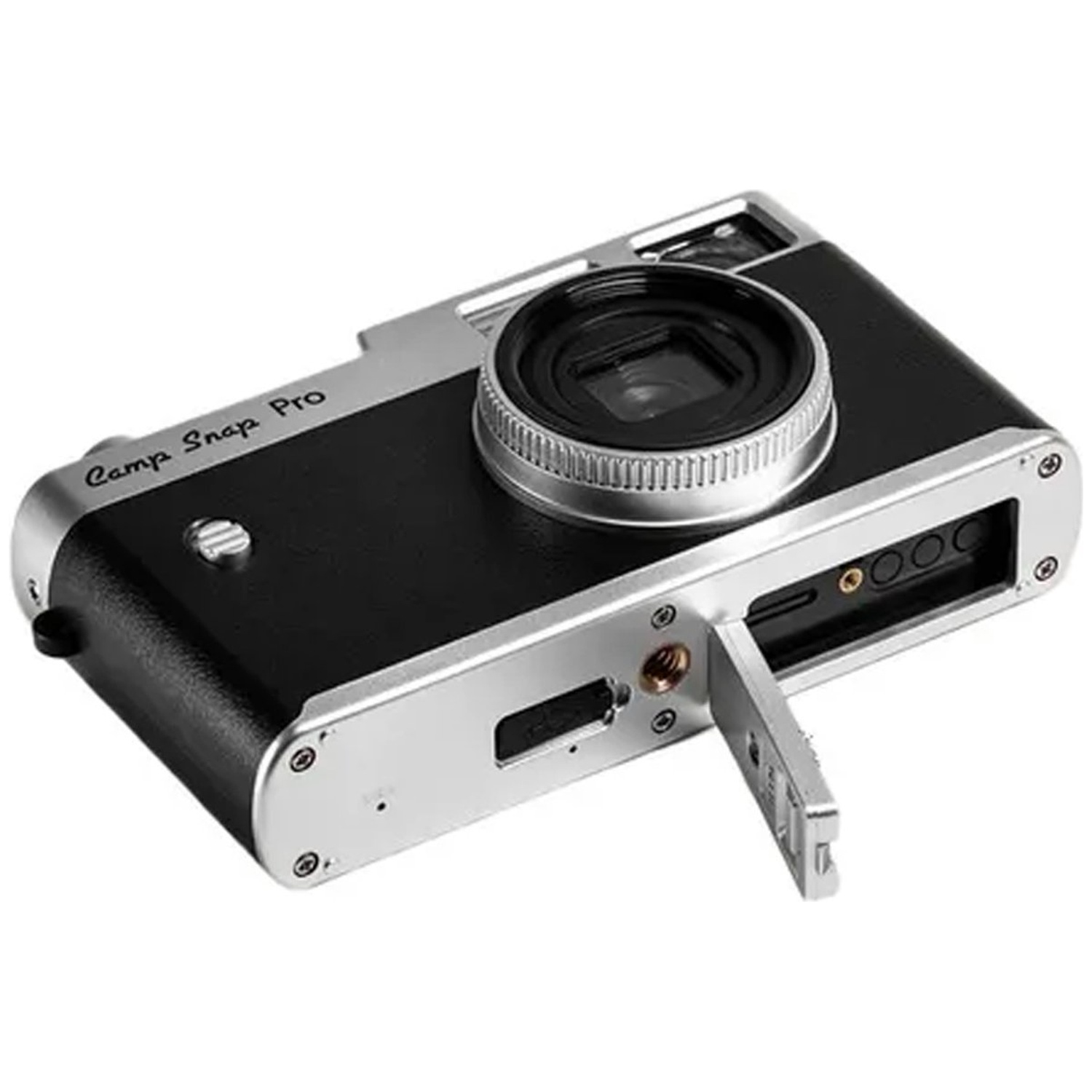 A black and silver digital camera with an open compartment flap on its side.
