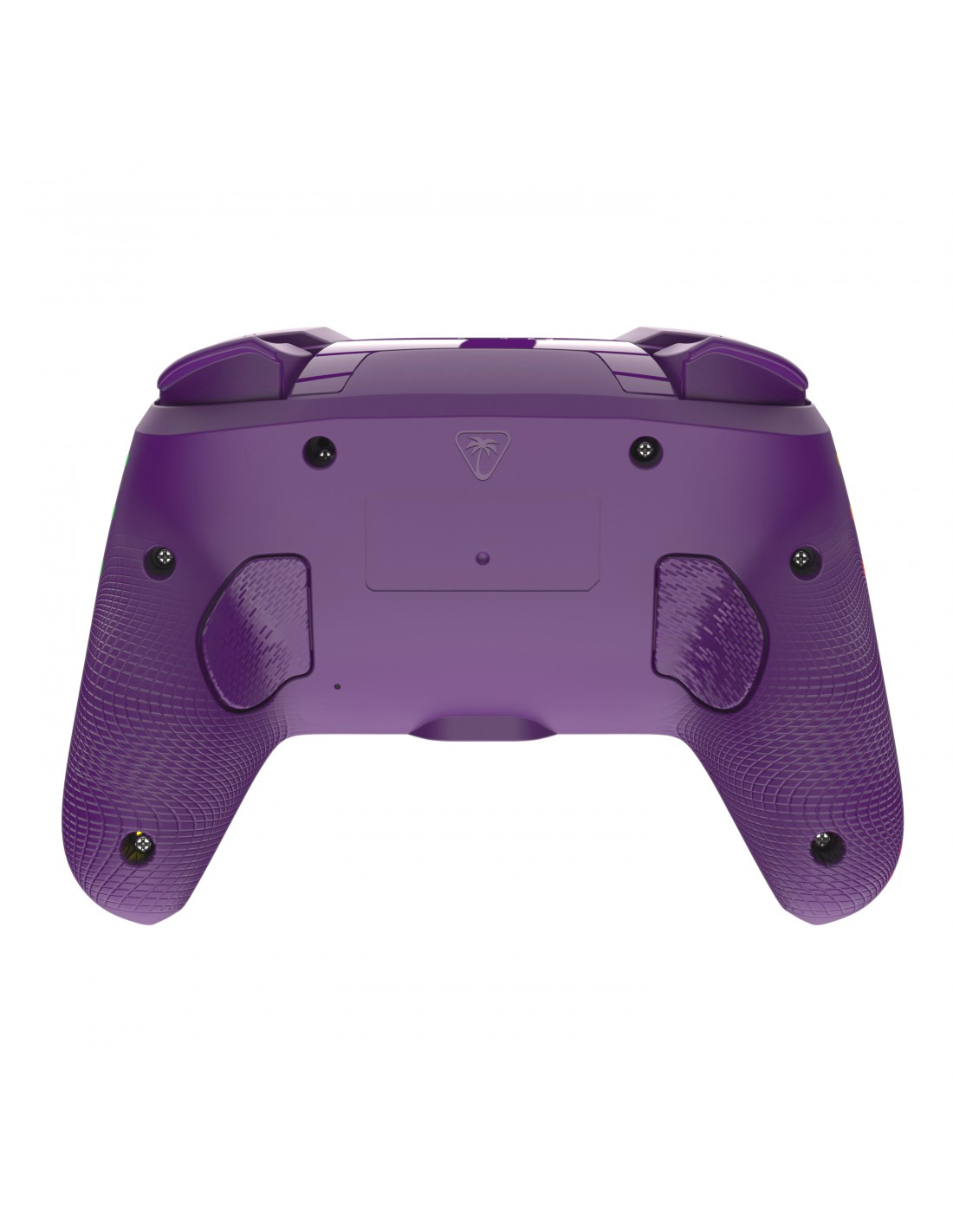 Parte trasera de controlador morado con agarres texturizados y tornillos.