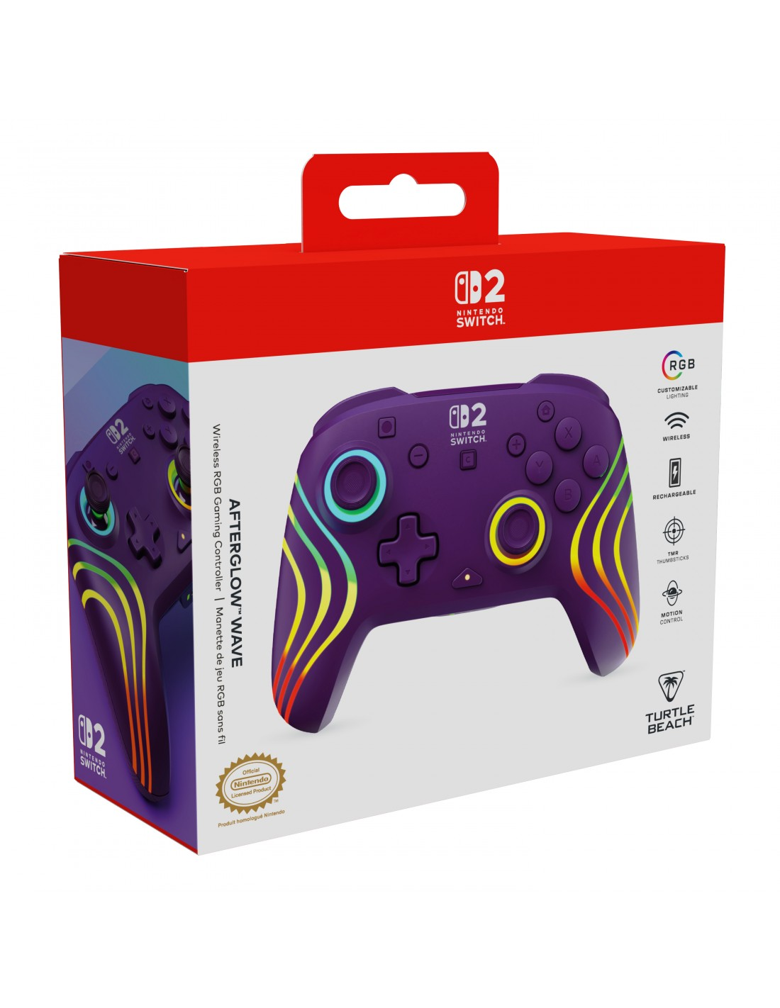 Controlador morado de Nintendo Switch en caja roja con acentos de arcoíris.