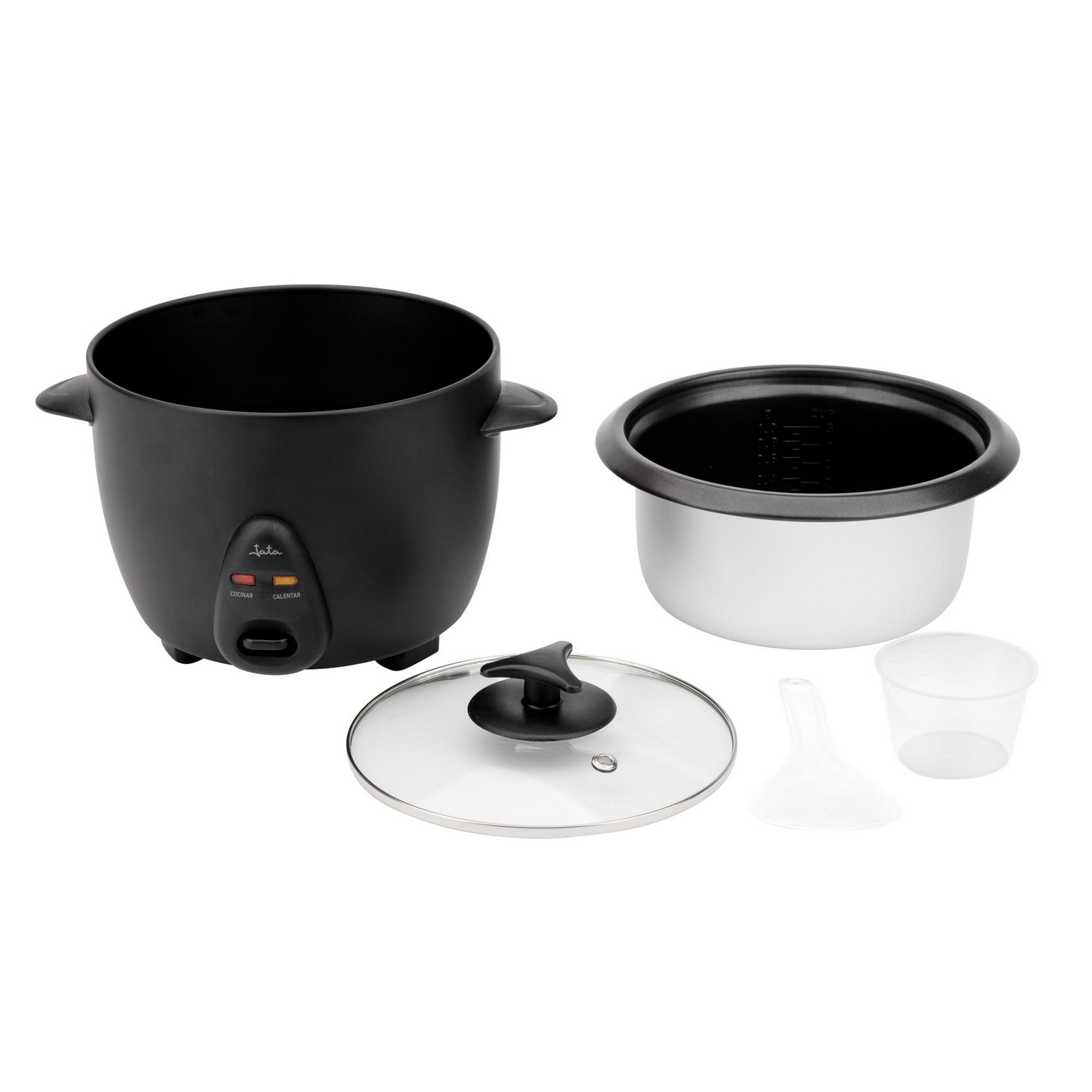 Una olla arrocera negra con accesorios: olla interior, tapa, taza medidora y embudo.