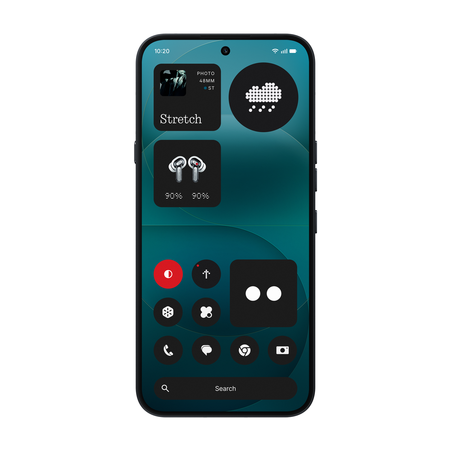 Smartphone mostrando widgets: foto, clima, audífonos, apps y barra de búsqueda.