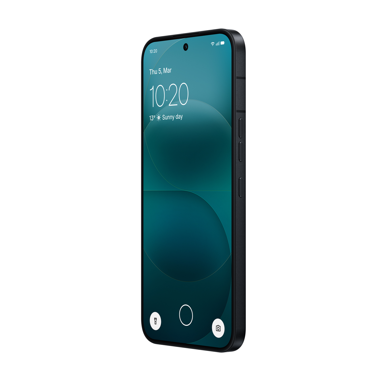 Un smartphone oscuro con pantalla bloqueada muestra hora y clima.