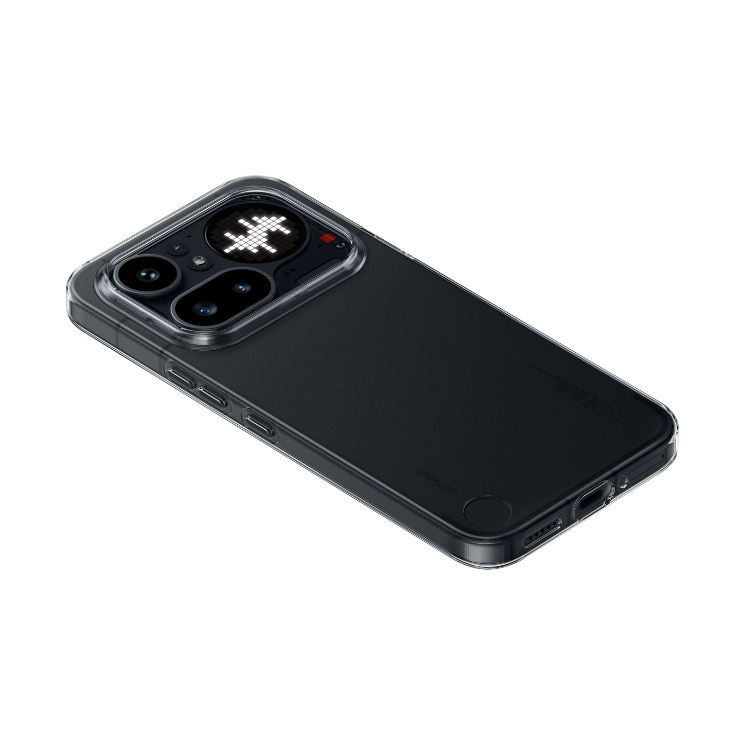 Un smartphone negro en funda transparente con gráfico pixelado blanco en la parte trasera.