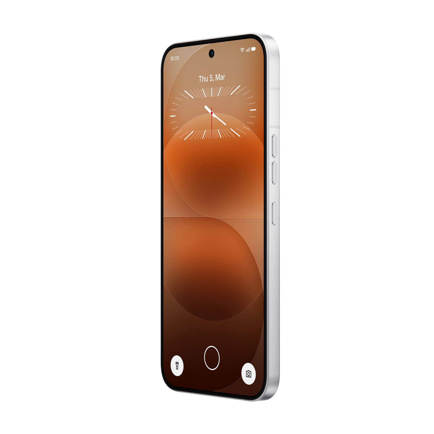 Un smartphone plateado con un fondo marrón en la pantalla de bloqueo.