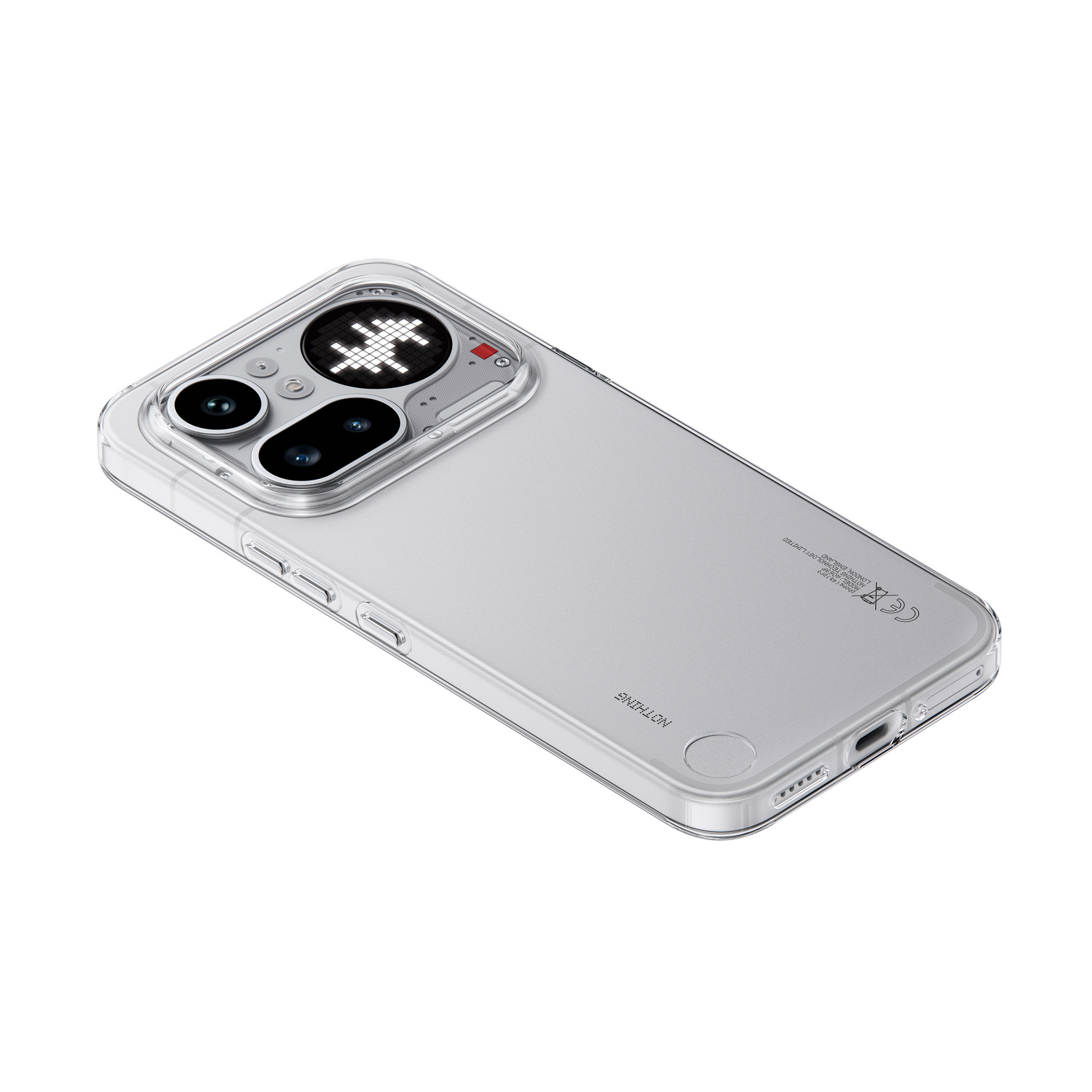 Una funda transparente para teléfono con un diseño de asterisco pixelado blanco en el módulo de cámara.