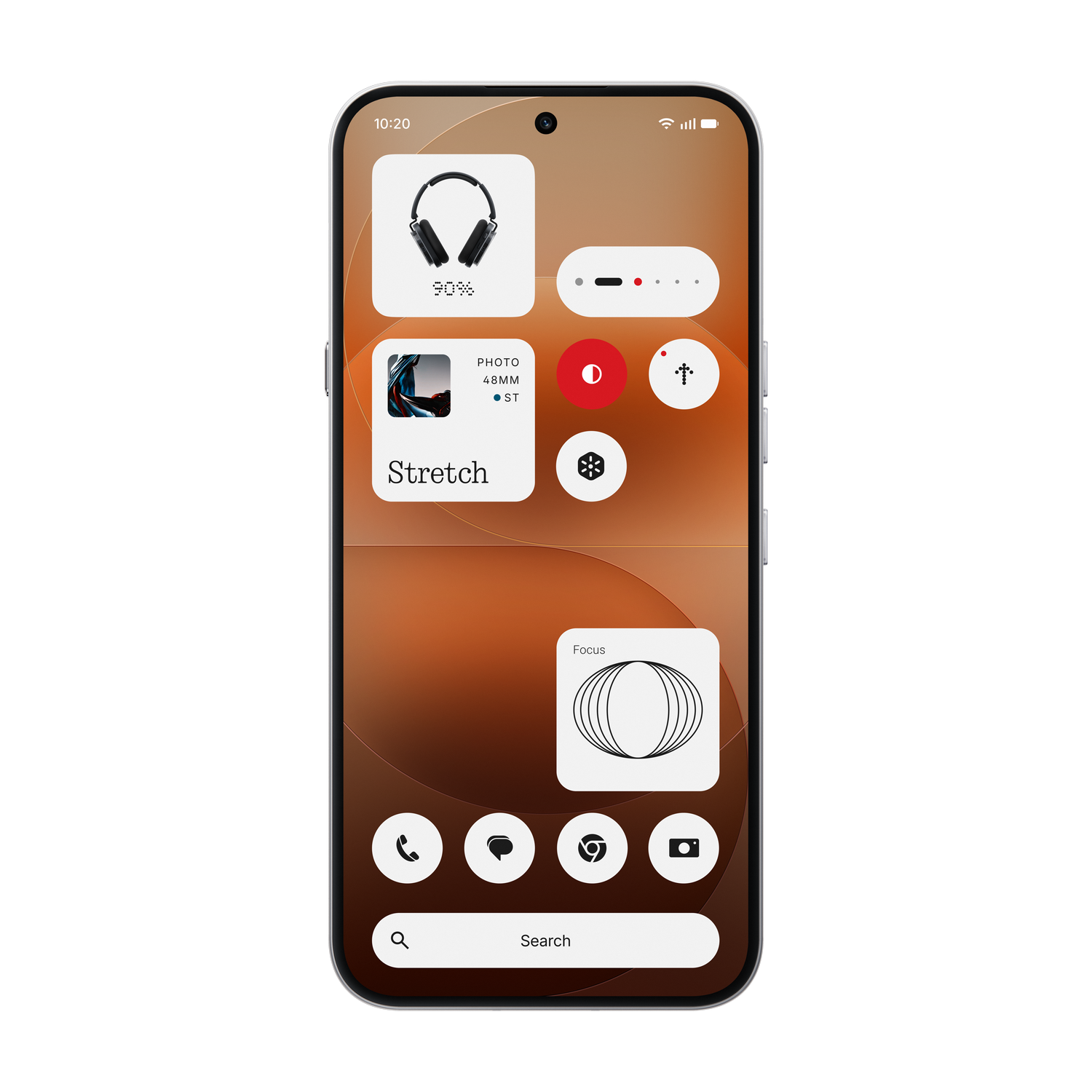 Pantalla de inicio de smartphone con widgets: auriculares, foto, enfoque. Iconos de apps abajo.