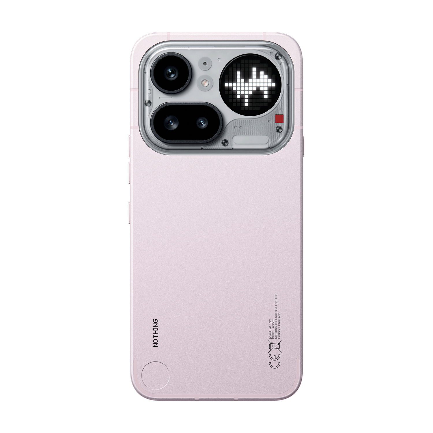 Teléfono inteligente rosa con doble cámara y pantalla de puntos en la parte trasera.