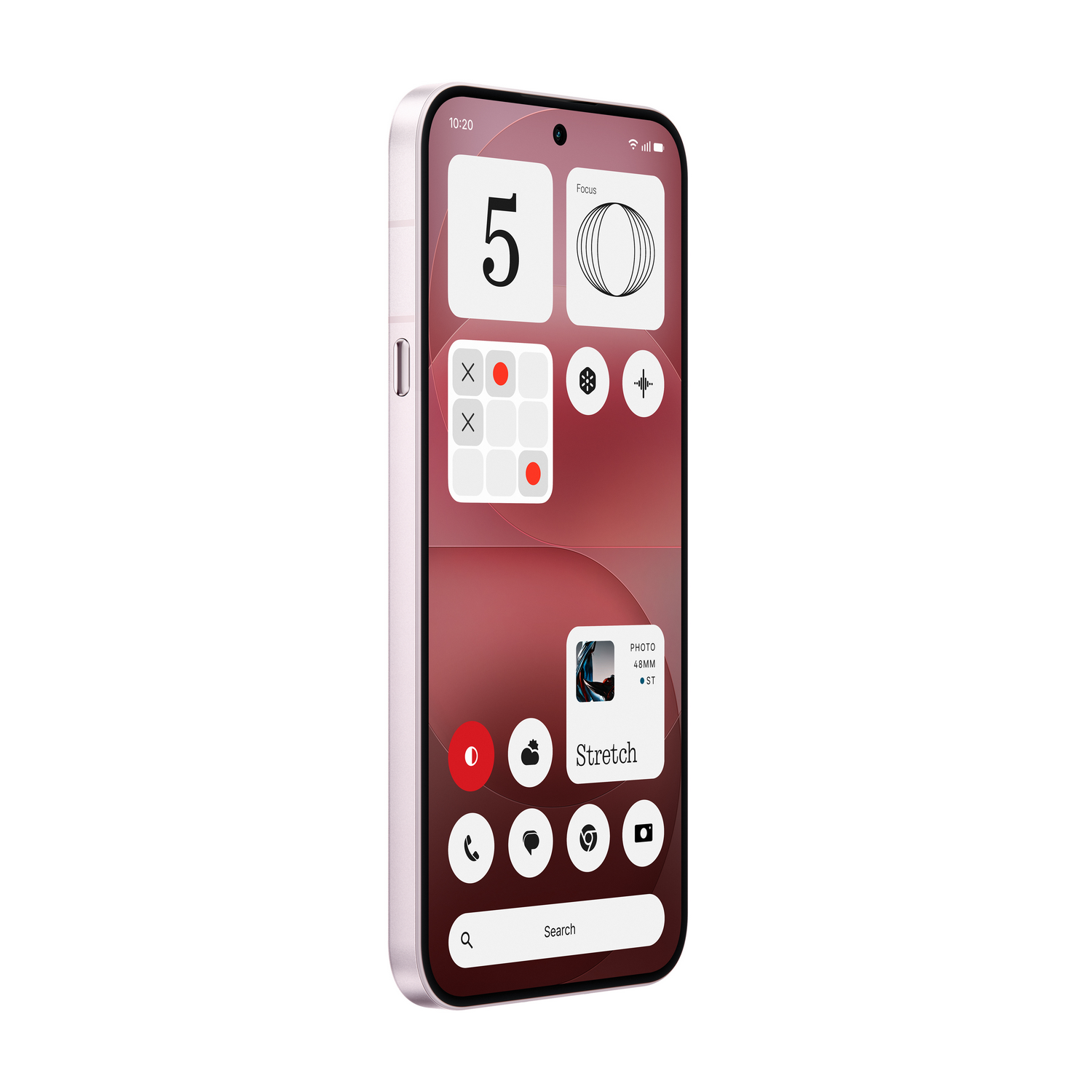 Un smartphone rosa claro con fondo rojo y widgets en la pantalla.