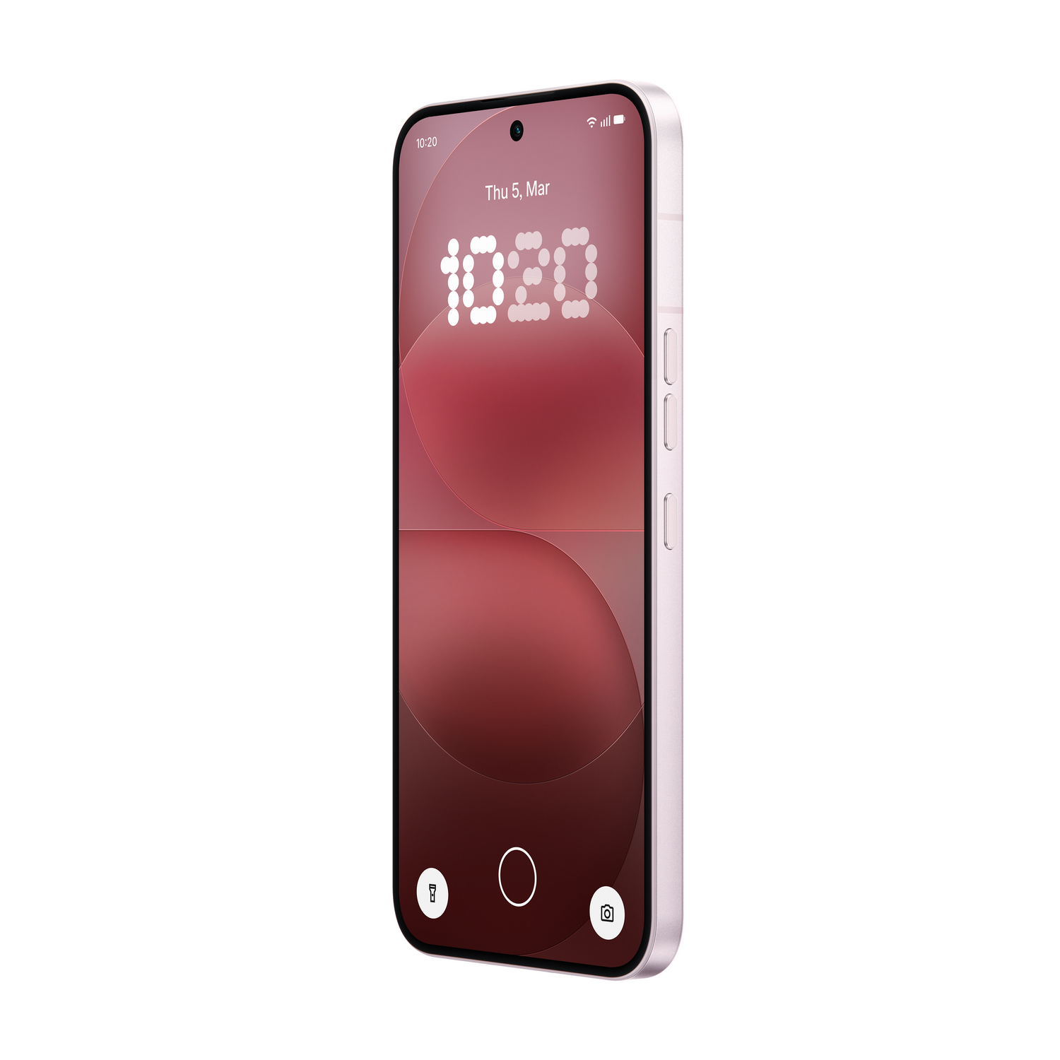 Un smartphone rosa claro con fondo rojo y reloj digital.