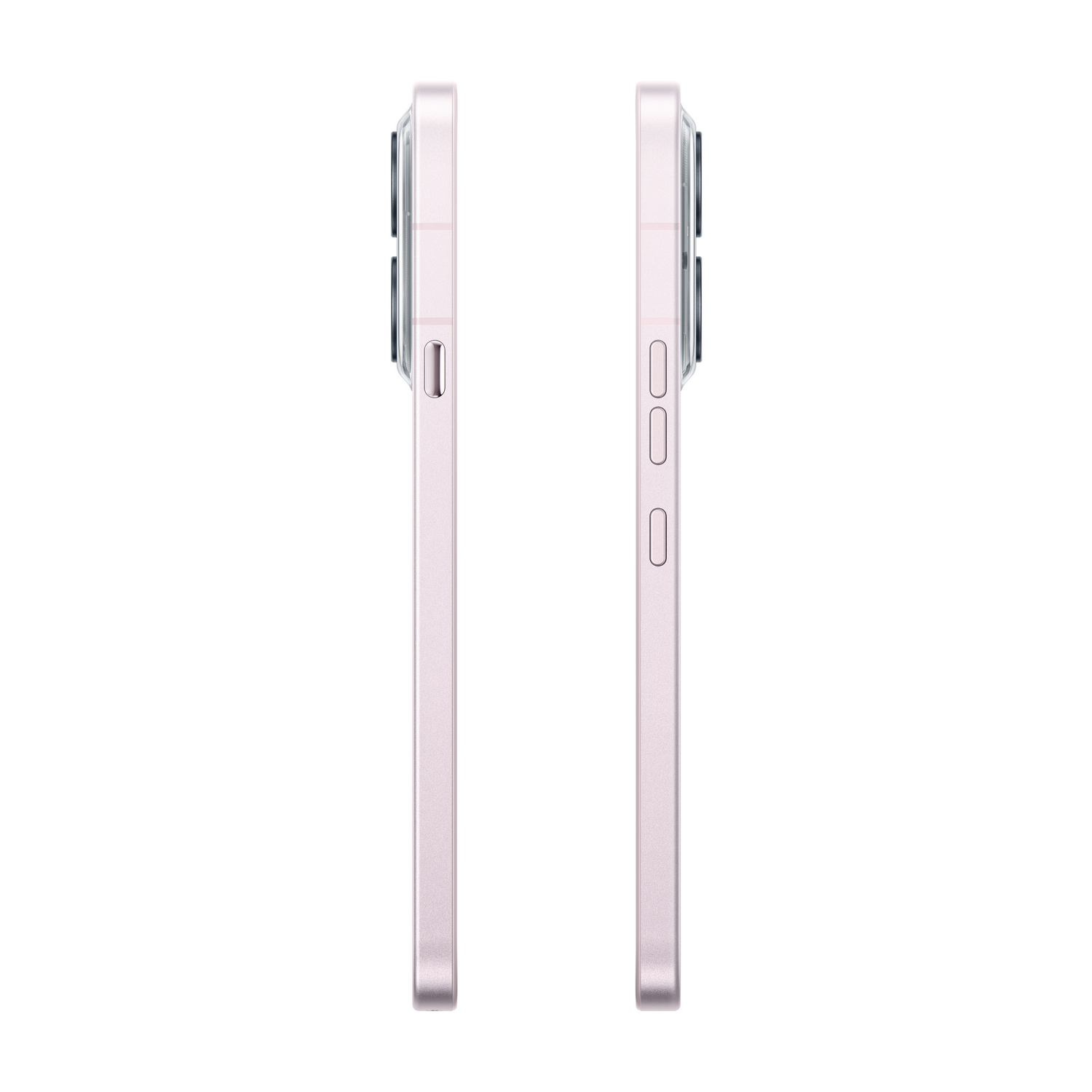 Dos teléfonos inteligentes rosados de perfil, con cámaras y botones.