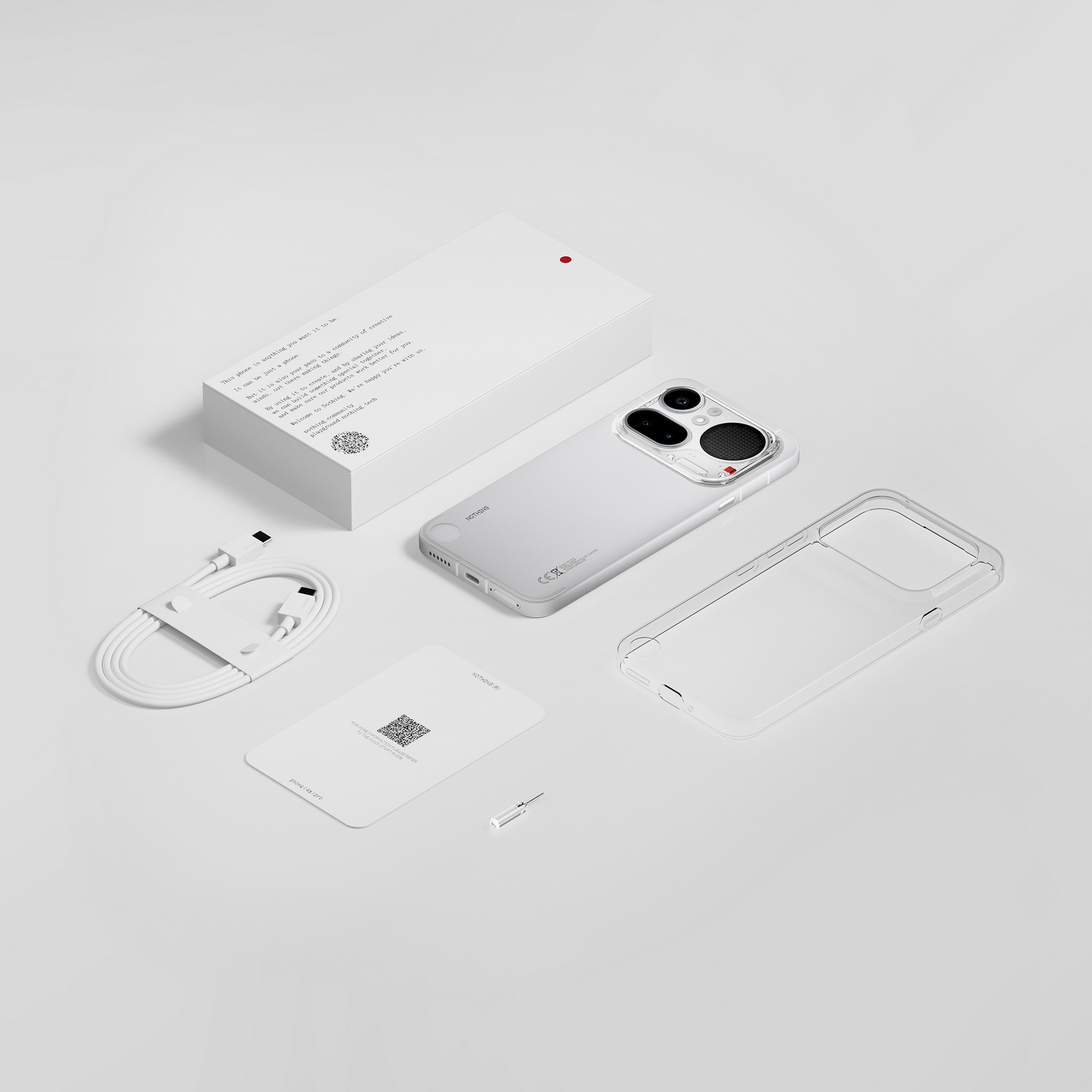Un smartphone blanco con accesorios, incluyendo una caja blanca, auriculares y funda transparente.