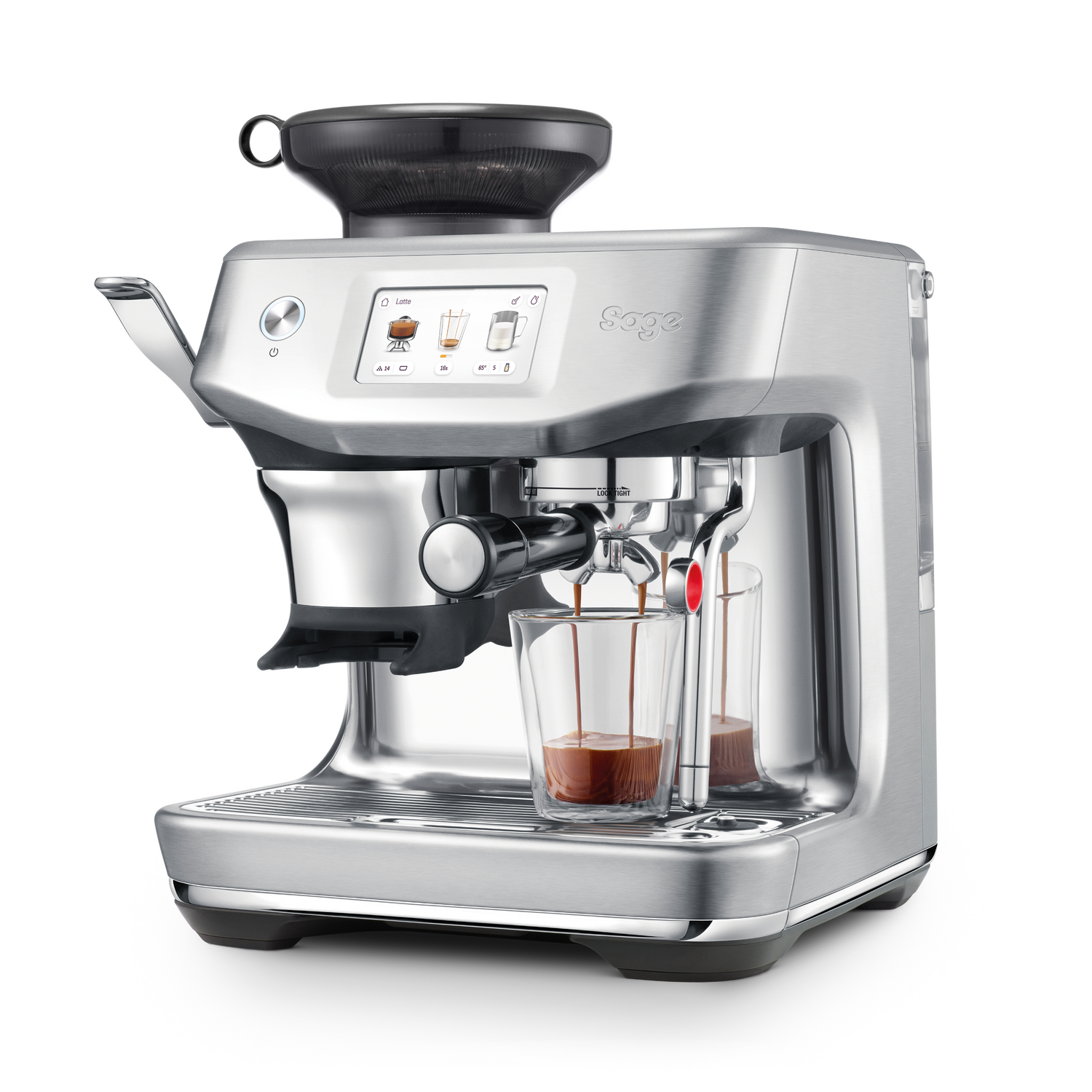 Una máquina de espresso plateada prepara café en dos vasos.
