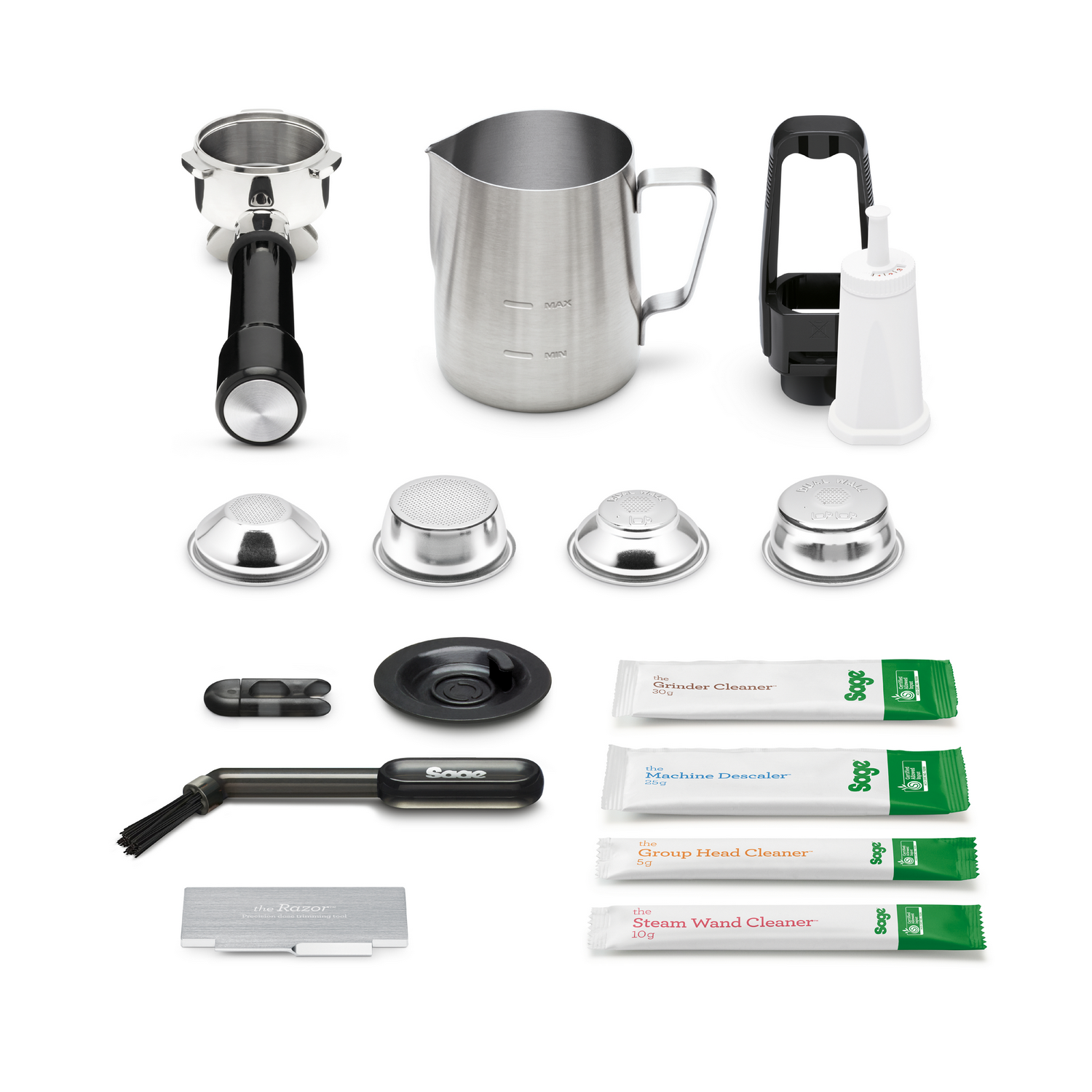 Accesorios para cafetera espresso: portafiltro, jarra, filtros, limpiadores.