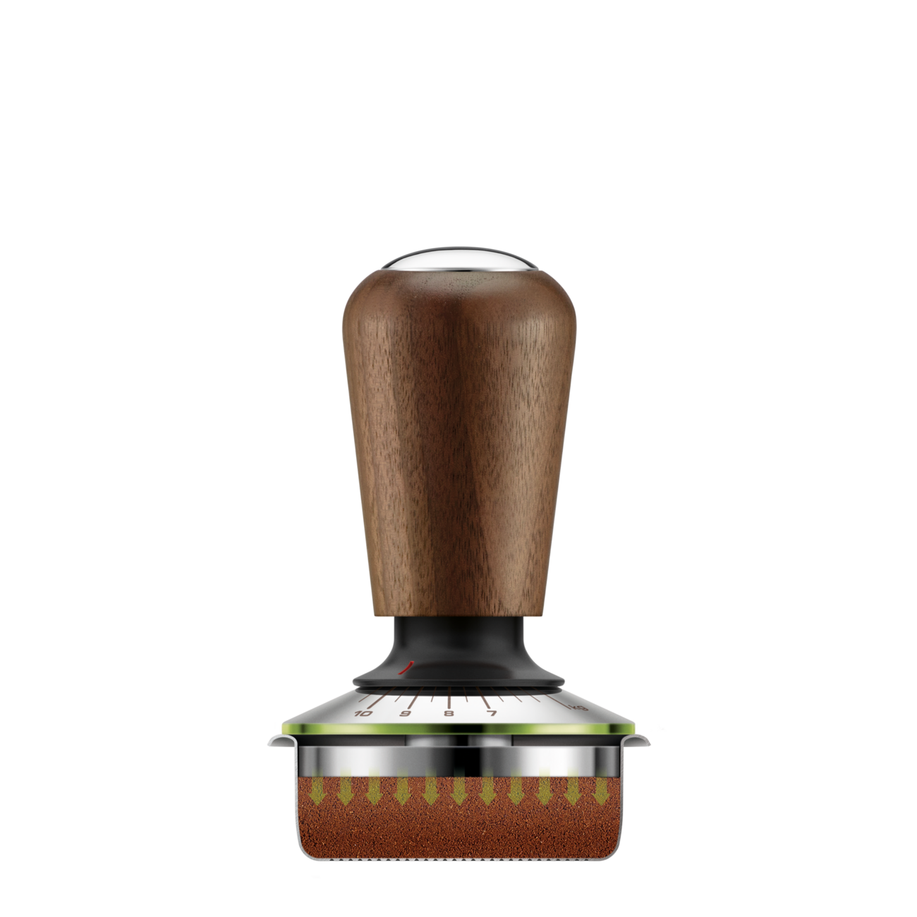 Tamper de café con mango de madera y escala, compactando café molido.