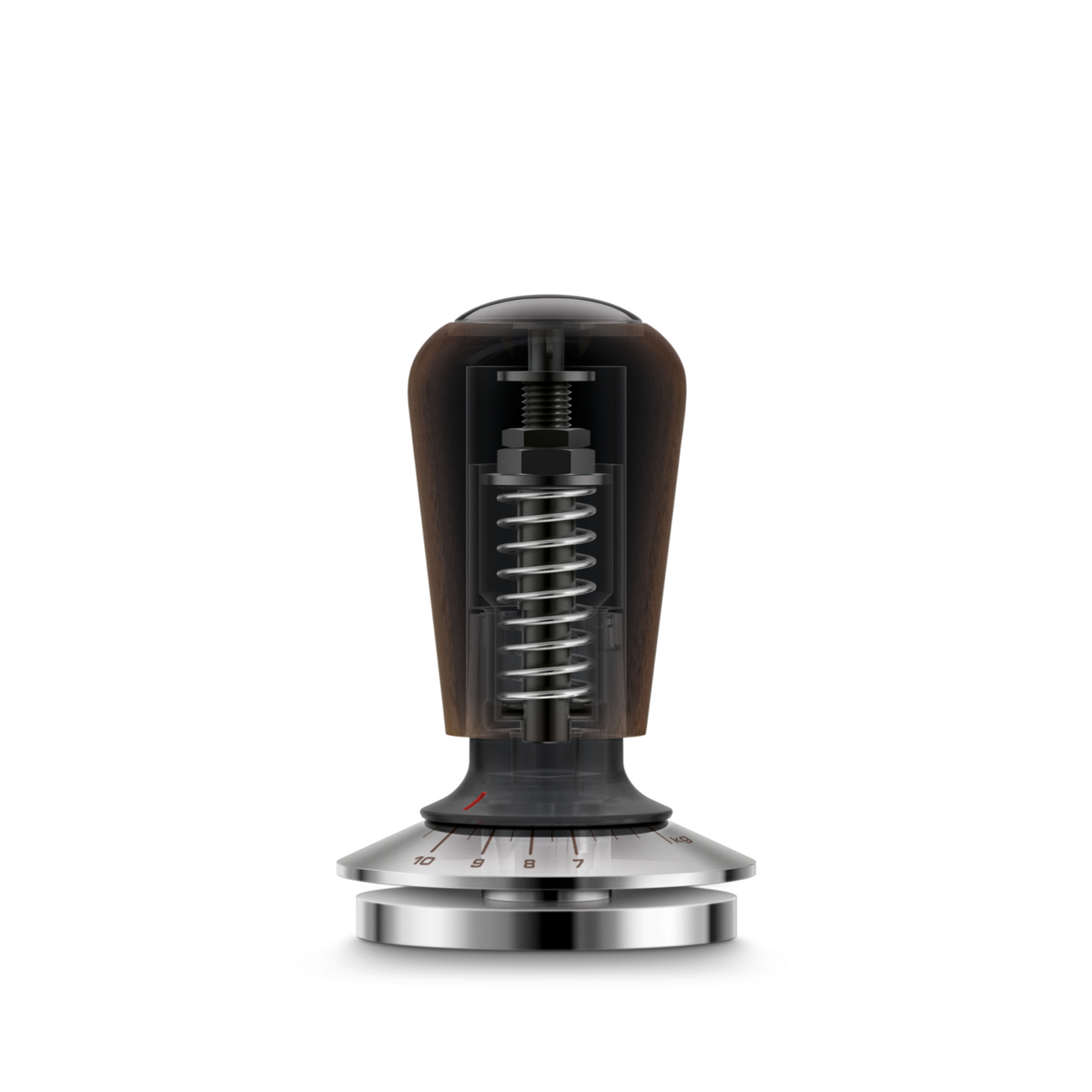 Un tamper de café con mango transparente que muestra un resorte y tornillos.