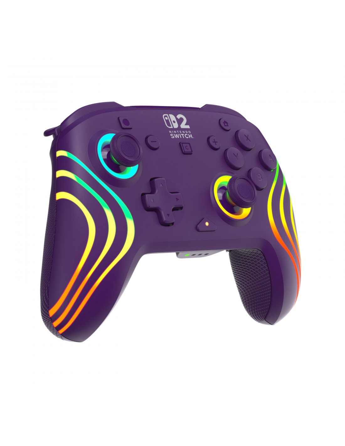 Controlador morado de Nintendo Switch con acentos de luz coloridos.