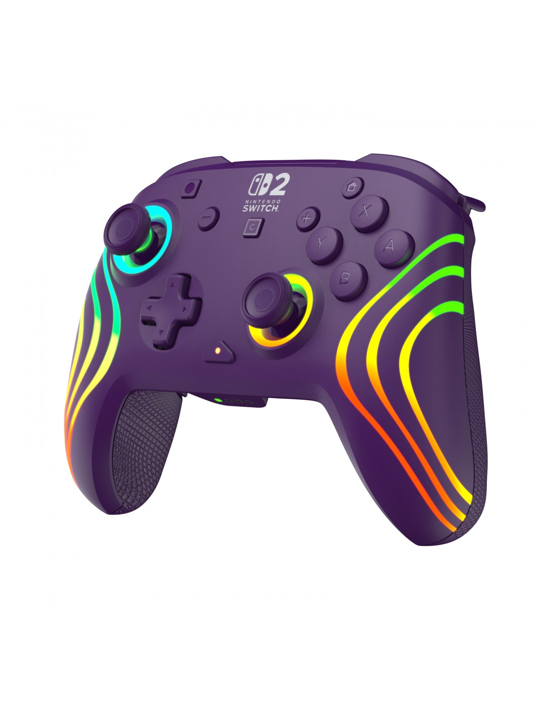 Mando morado de Nintendo Switch con acentos de luz coloridos y logo "002".