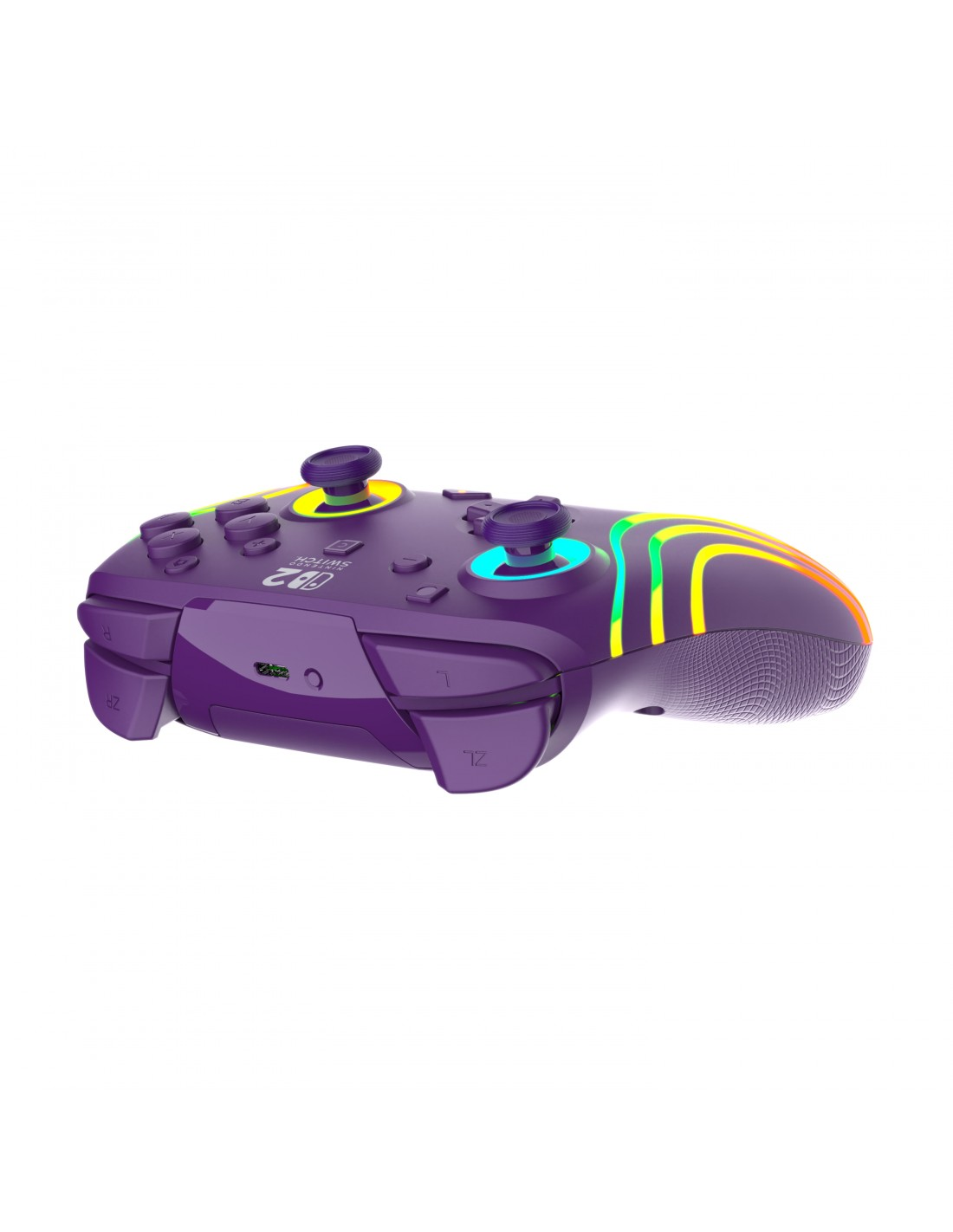 Mando morado de Nintendo Switch con rayas de arcoíris coloridas y joysticks iluminados.