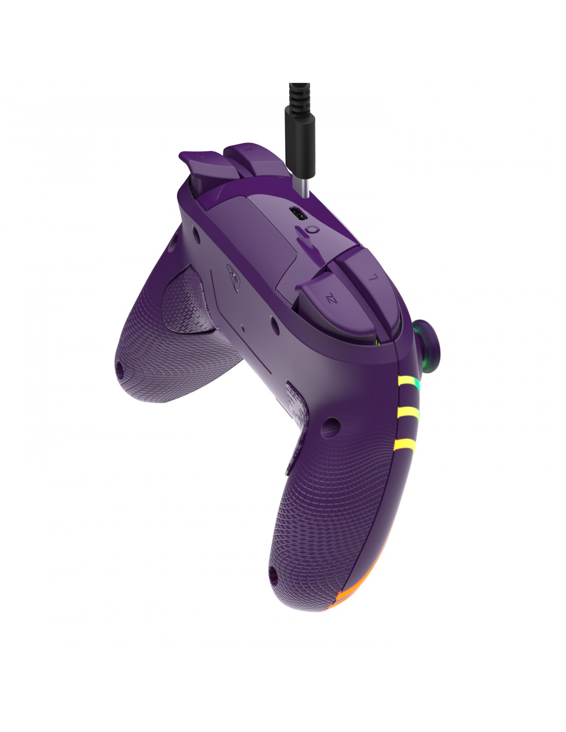 Controlador morado con cable negro y luces de colores.