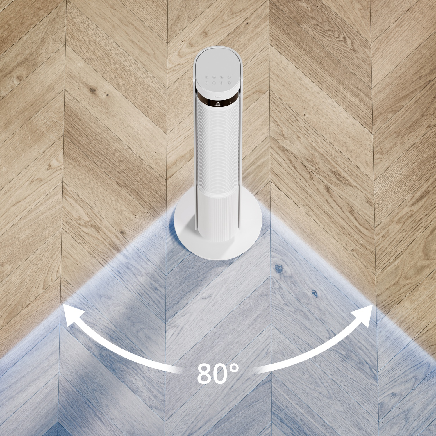 A white tower fan on a wooden floor with an 80-degree oscillation range.