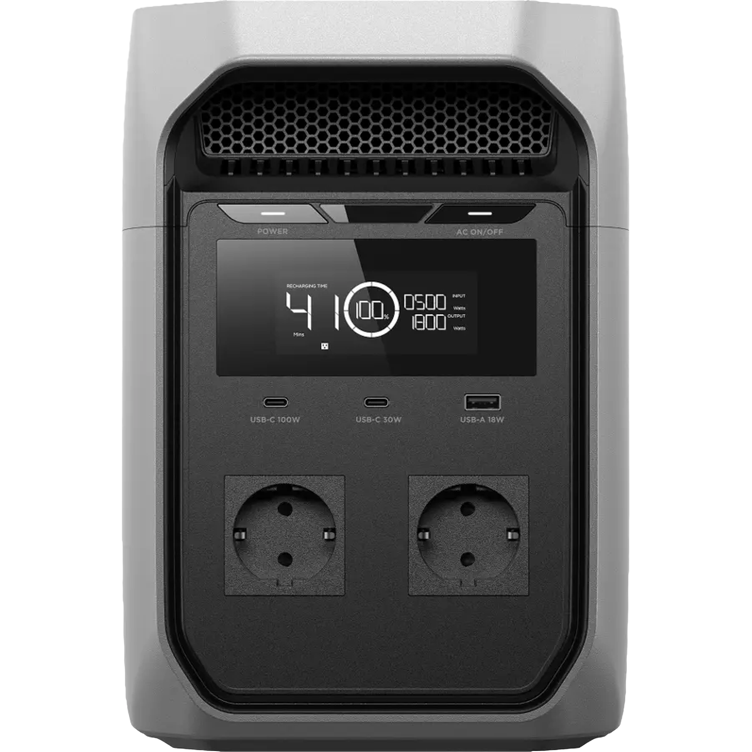 Grijs aggregaat met digitaal display, twee stopcontacten en USB-poorten.