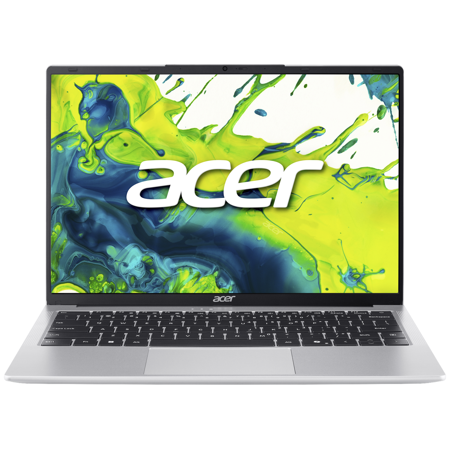 Een zilveren Acer laptop met een kleurrijk abstracte splash screen.