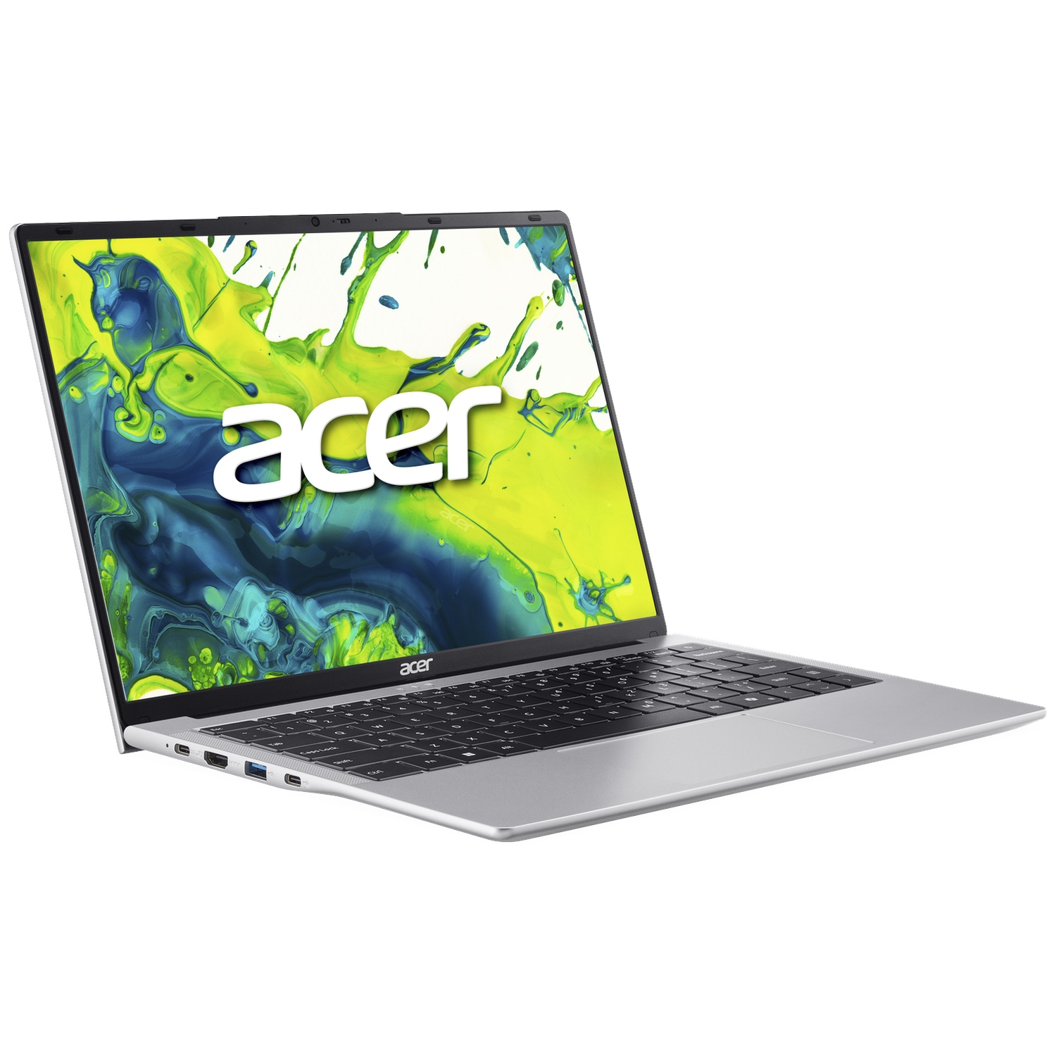 Een zilveren Acer laptop met een kleurrijk splash screen en toetsenbord.