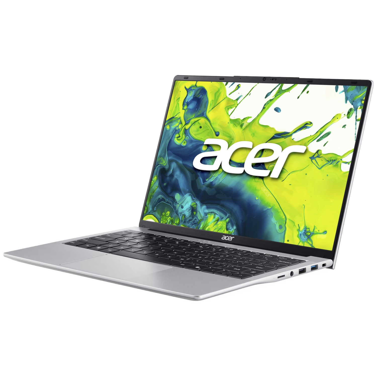 Een zilveren Acer laptop met een kleurrijke, abstracte achtergrond op het scherm.