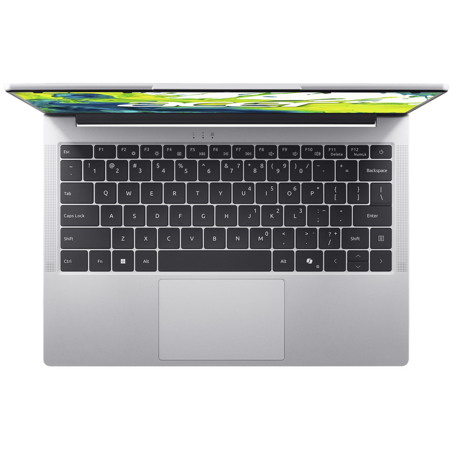 Een open zilveren laptop met toetsenbord en scherm met kleurrijk patroon.