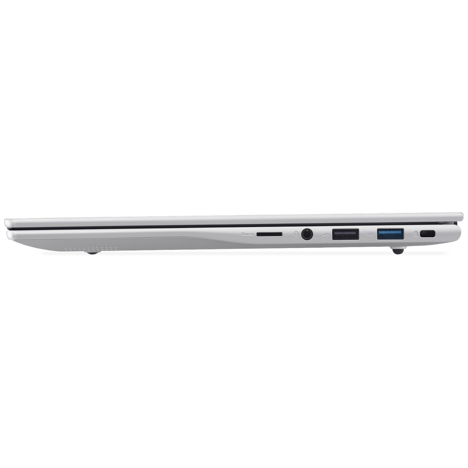 Zijde van zilveren laptop met poorten: SD-kaartlezer, koptelefoonaansluiting, USB-A, USB-C.