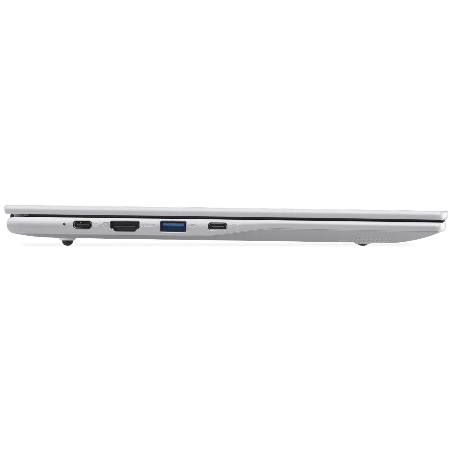 Zijaanzicht van een slanke zilveren laptop met USB-C, HDMI en USB-A poorten.