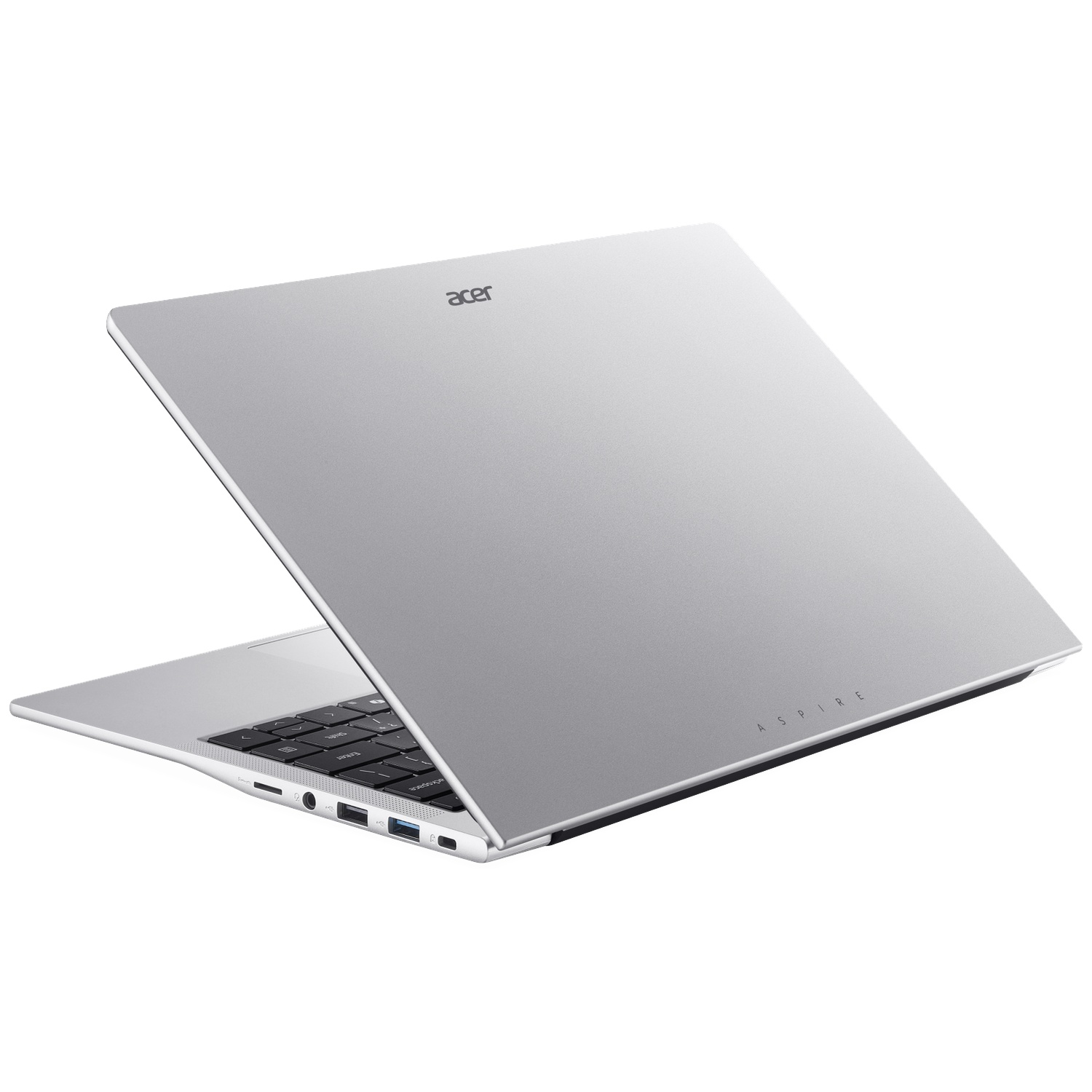 Een zilveren Acer Aspire laptop, gedeeltelijk open, met toetsenbord en poorten.