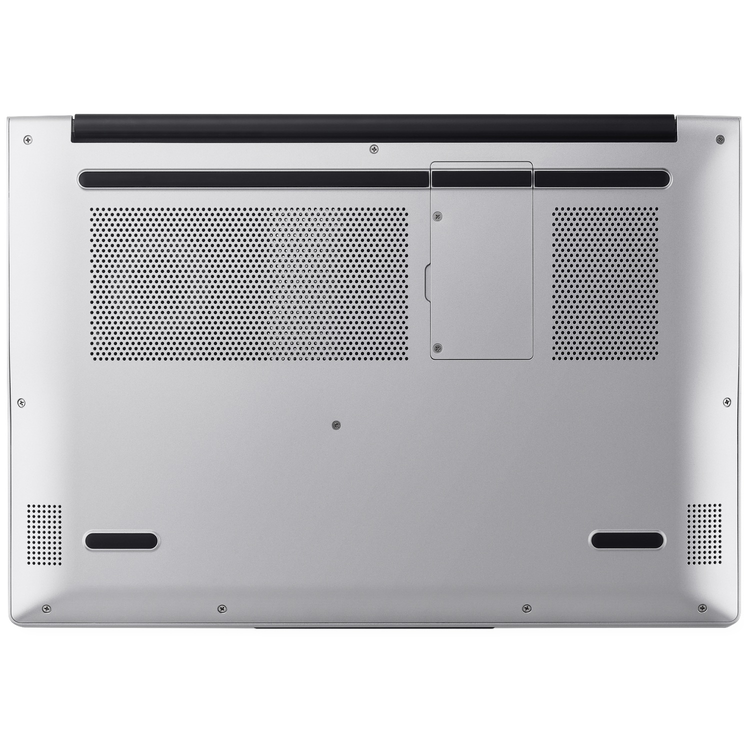 Onderkant van een zilveren laptop met ventilatieroosters en schroeven.