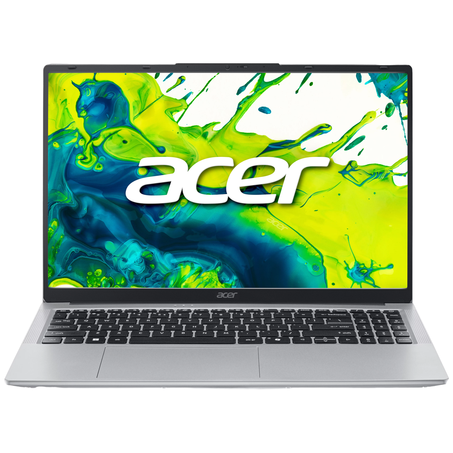 Een zilveren Acer laptop met kleurrijke spatkunst op het scherm.