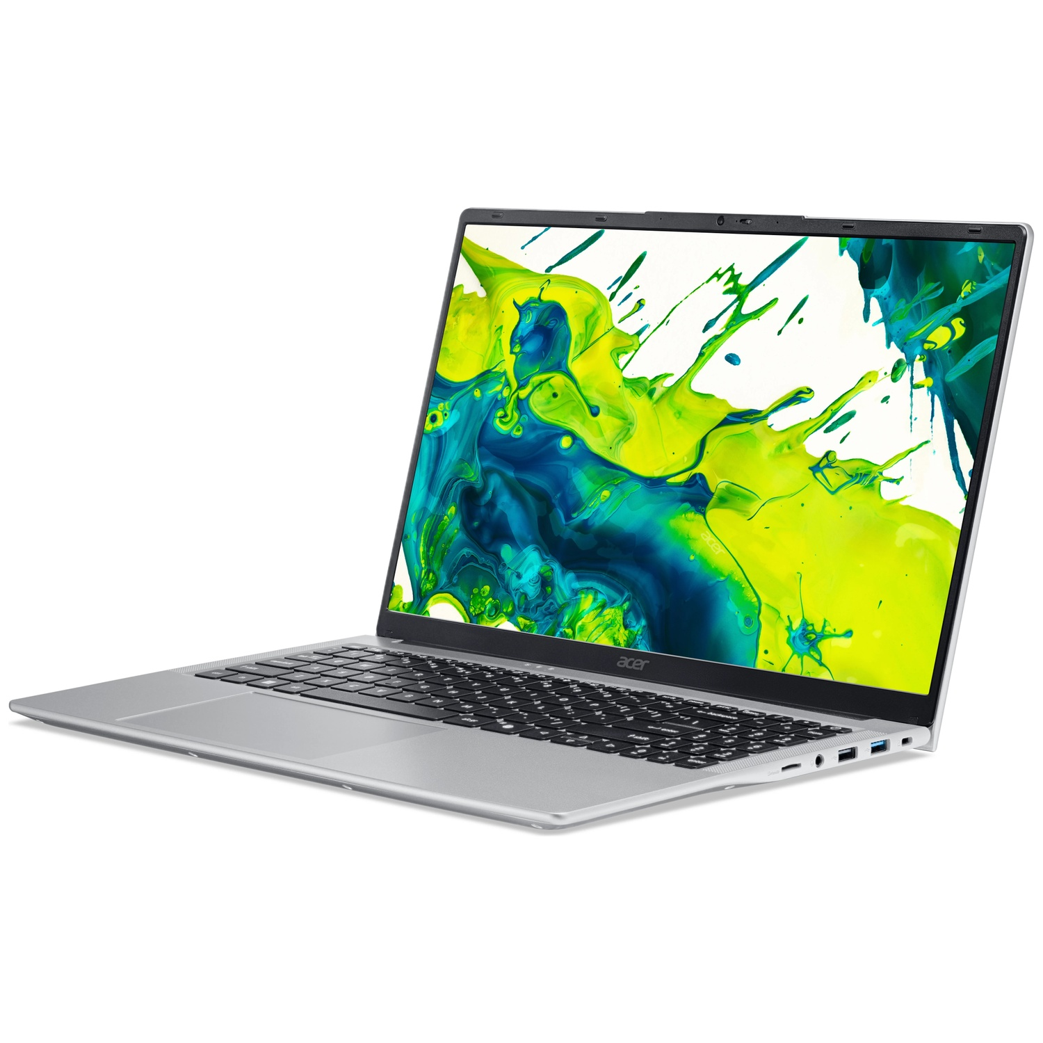 Zilveren Acer laptop open, toont toetsenbord en kleurrijke abstracte achtergrond op scherm.