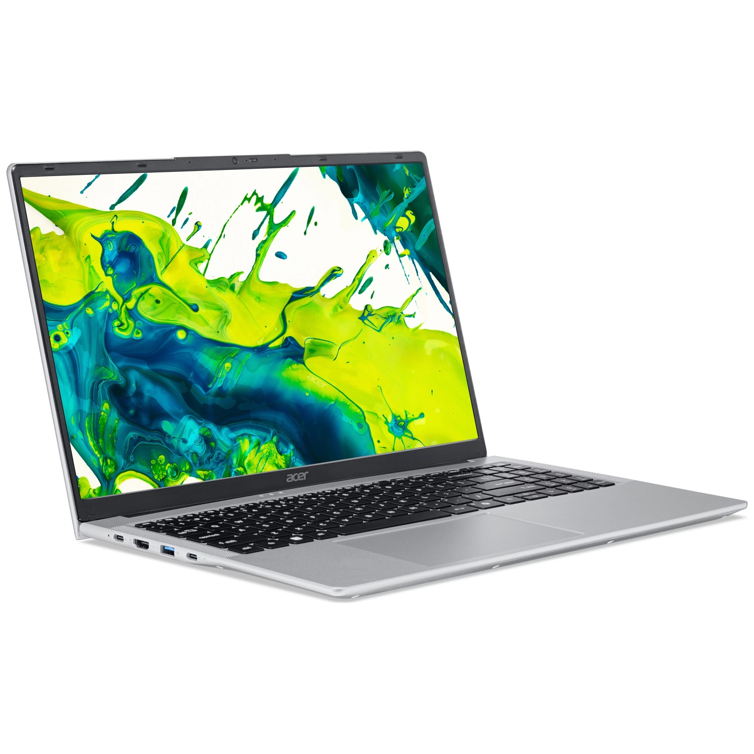 Zilveren Acer laptop met kleurrijk spatiescherm.